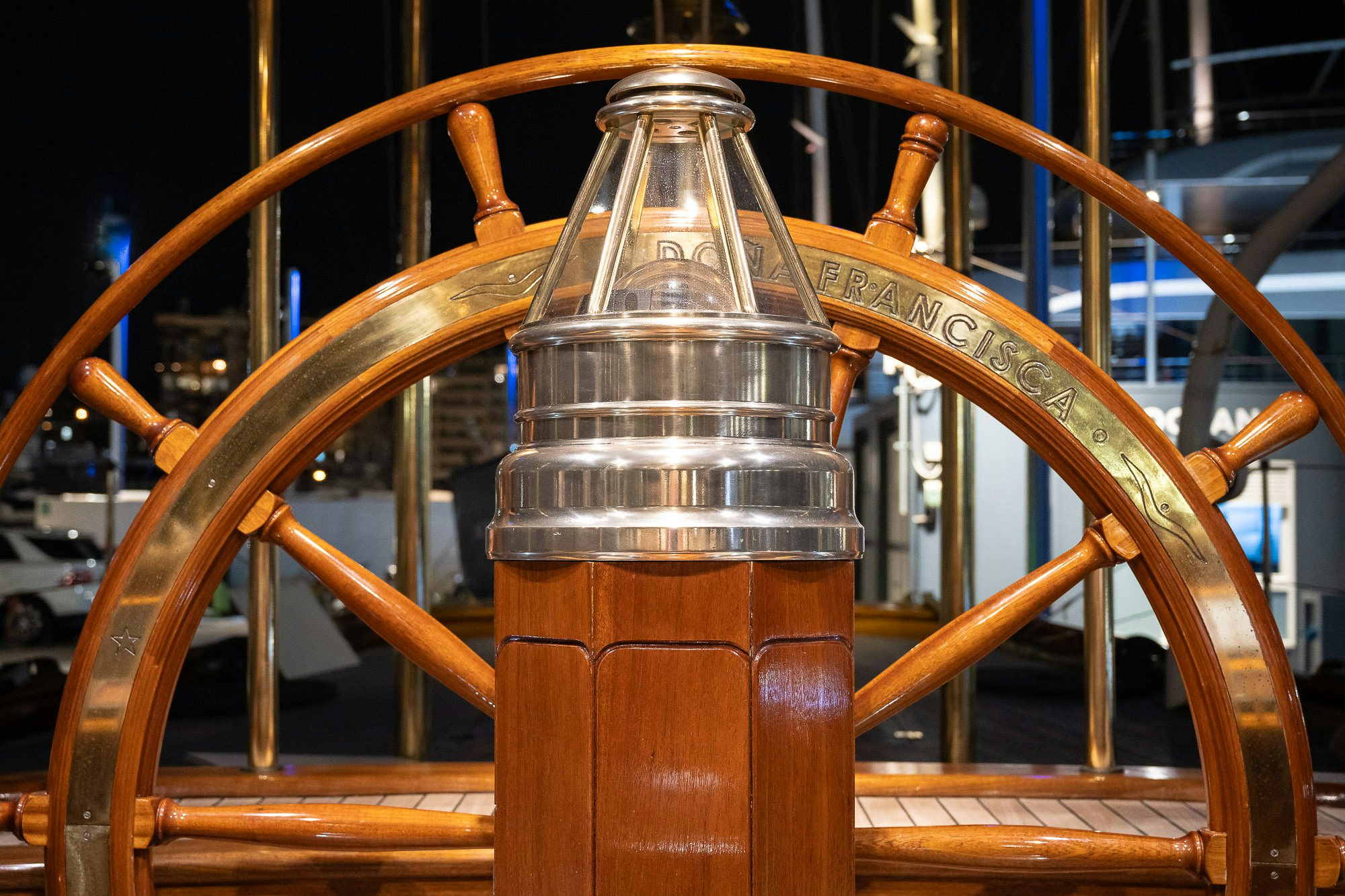 a glass of beer on a railing aboard DONA FRANCISCA Yacht for Sale