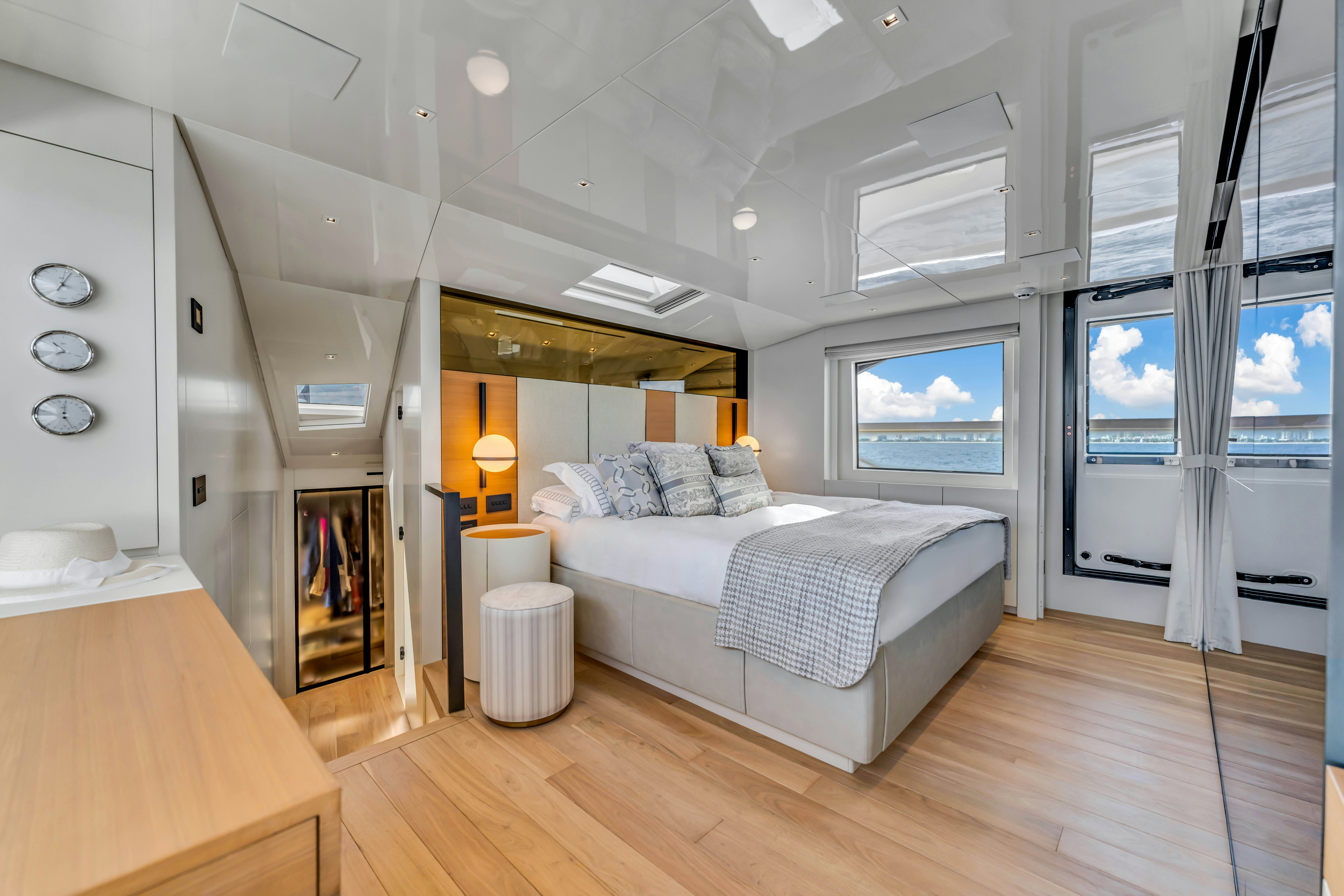a bedroom with a large bed aboard NOTYNOG Yacht for Charter