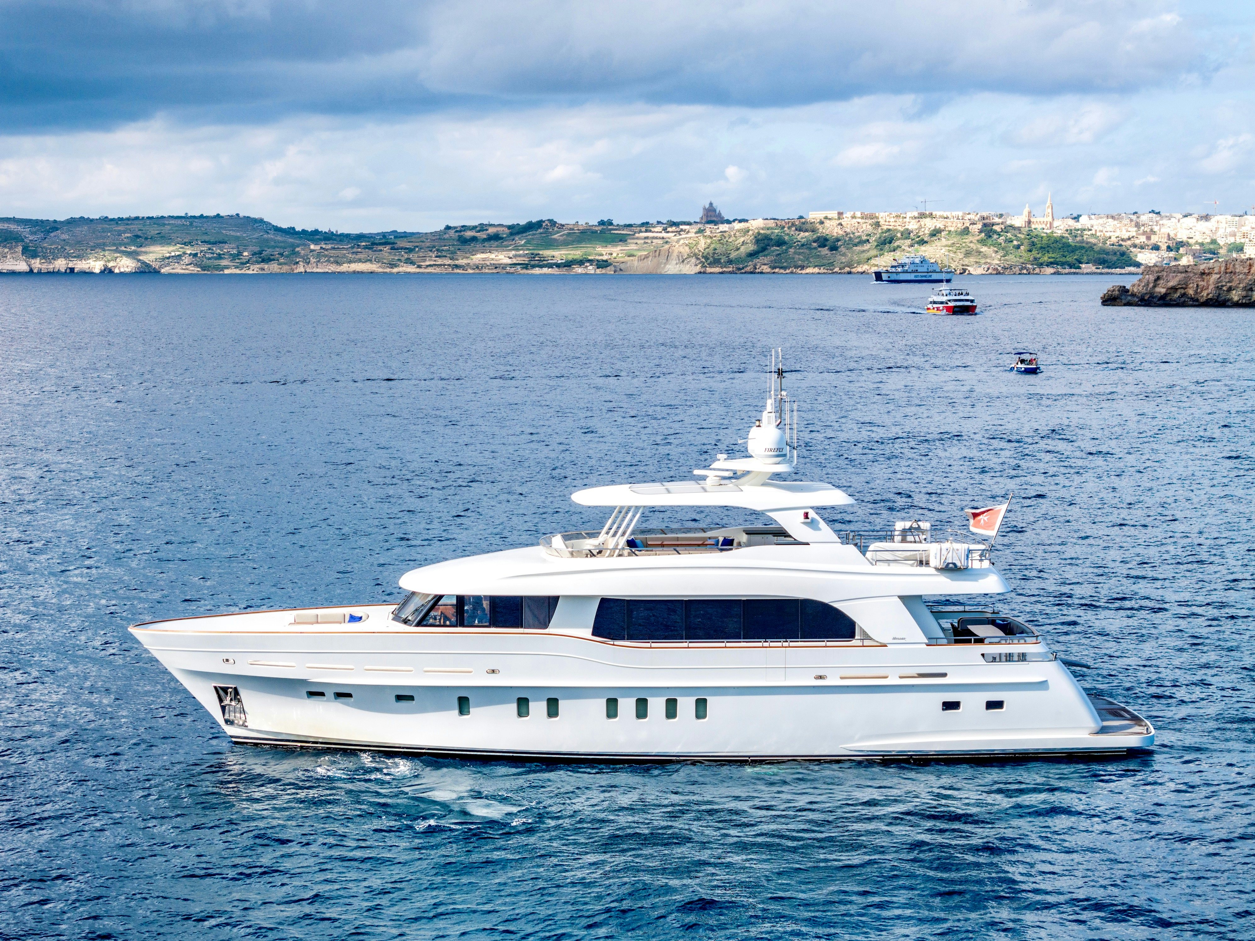 a white yacht in the water aboard FIREFLY Yacht for Sale