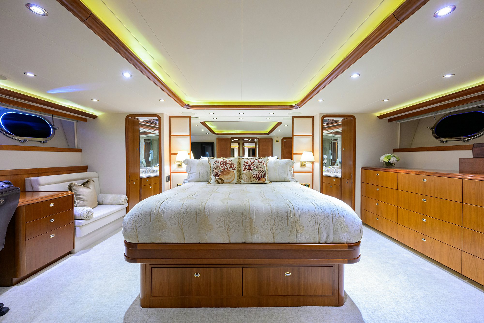 a bedroom with a large bed aboard EXODUS Yacht for Sale
