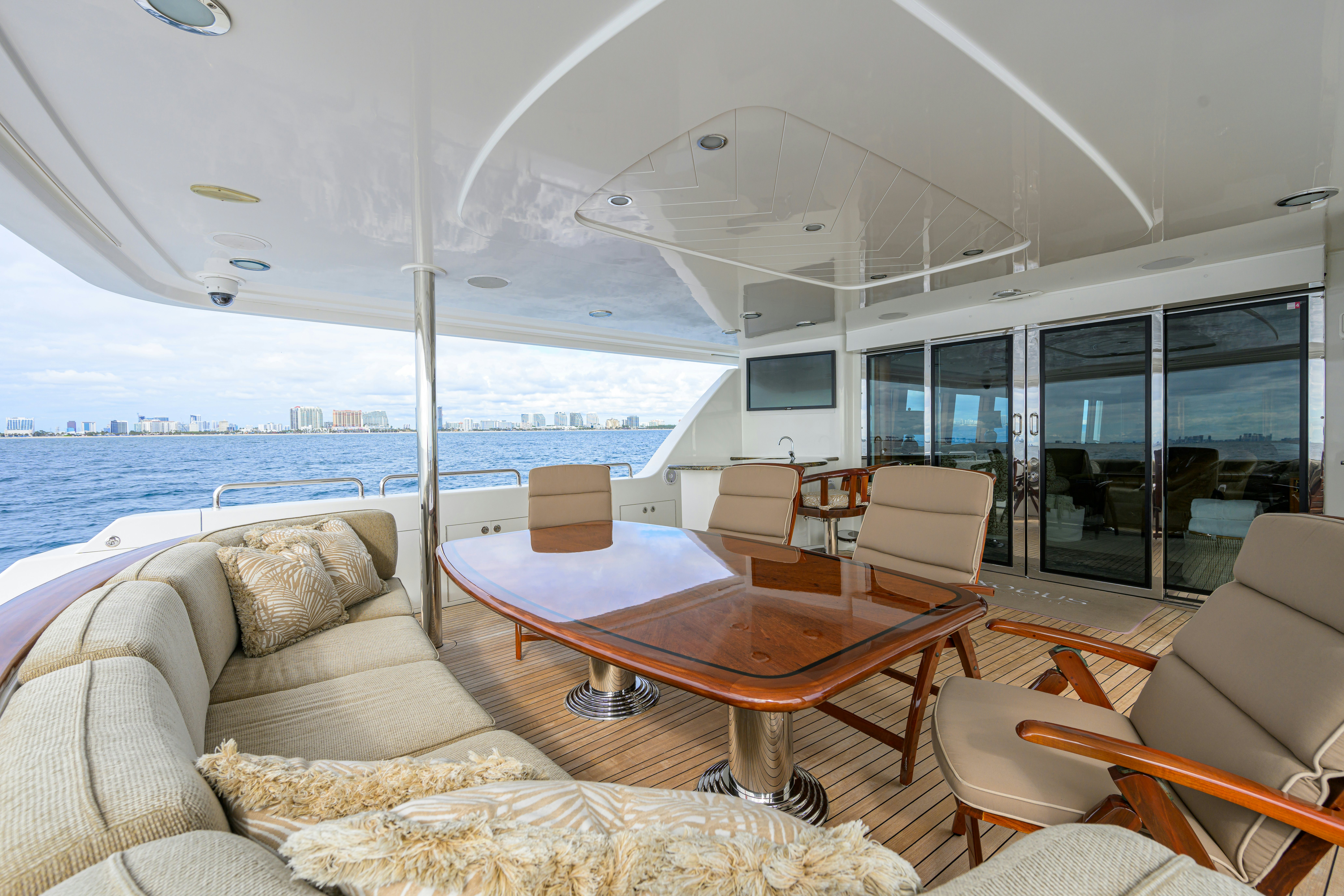 a living room with a large ocean aboard EXODUS Yacht for Sale