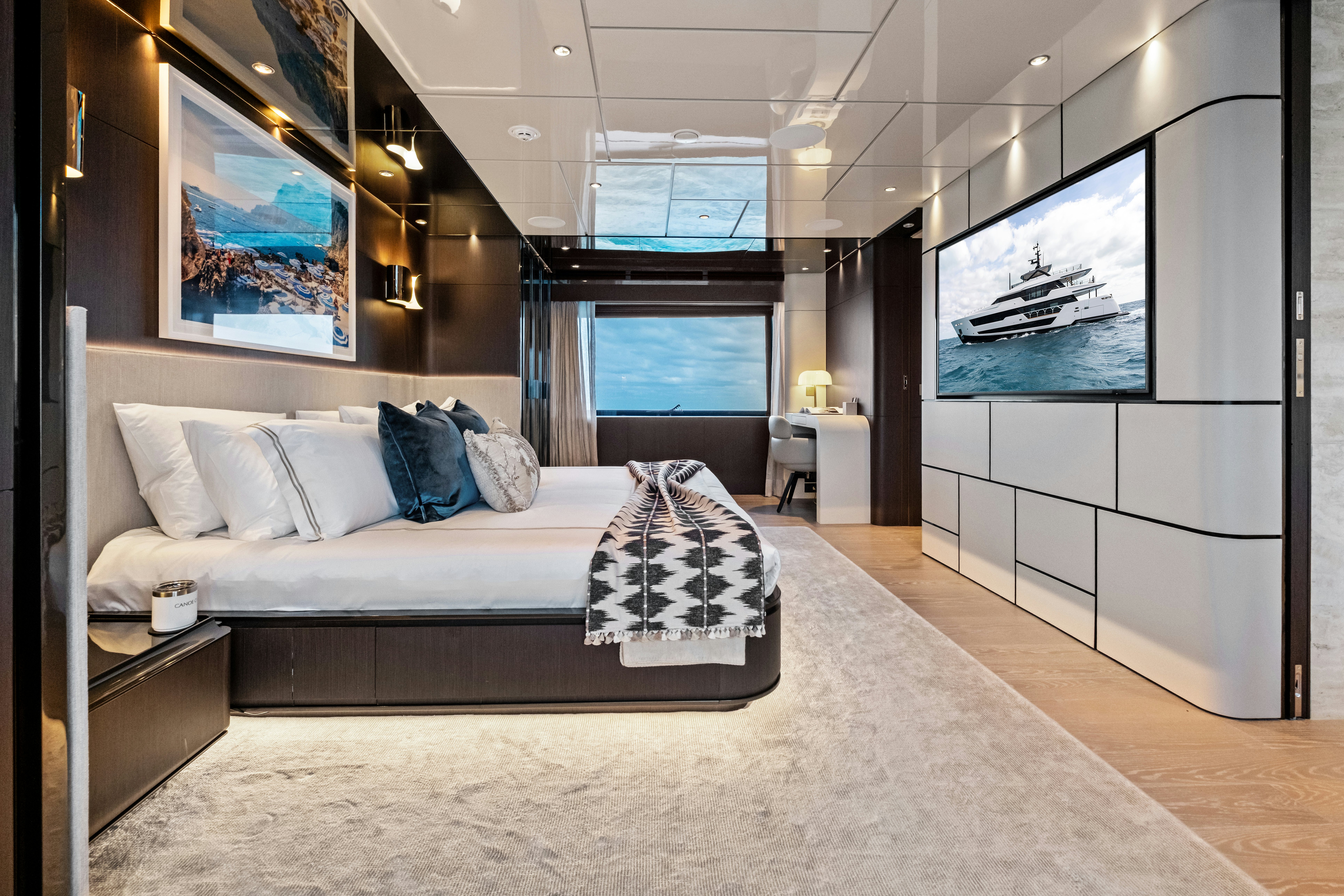 a bed in a room aboard CANOE CANOE Yacht for Charter