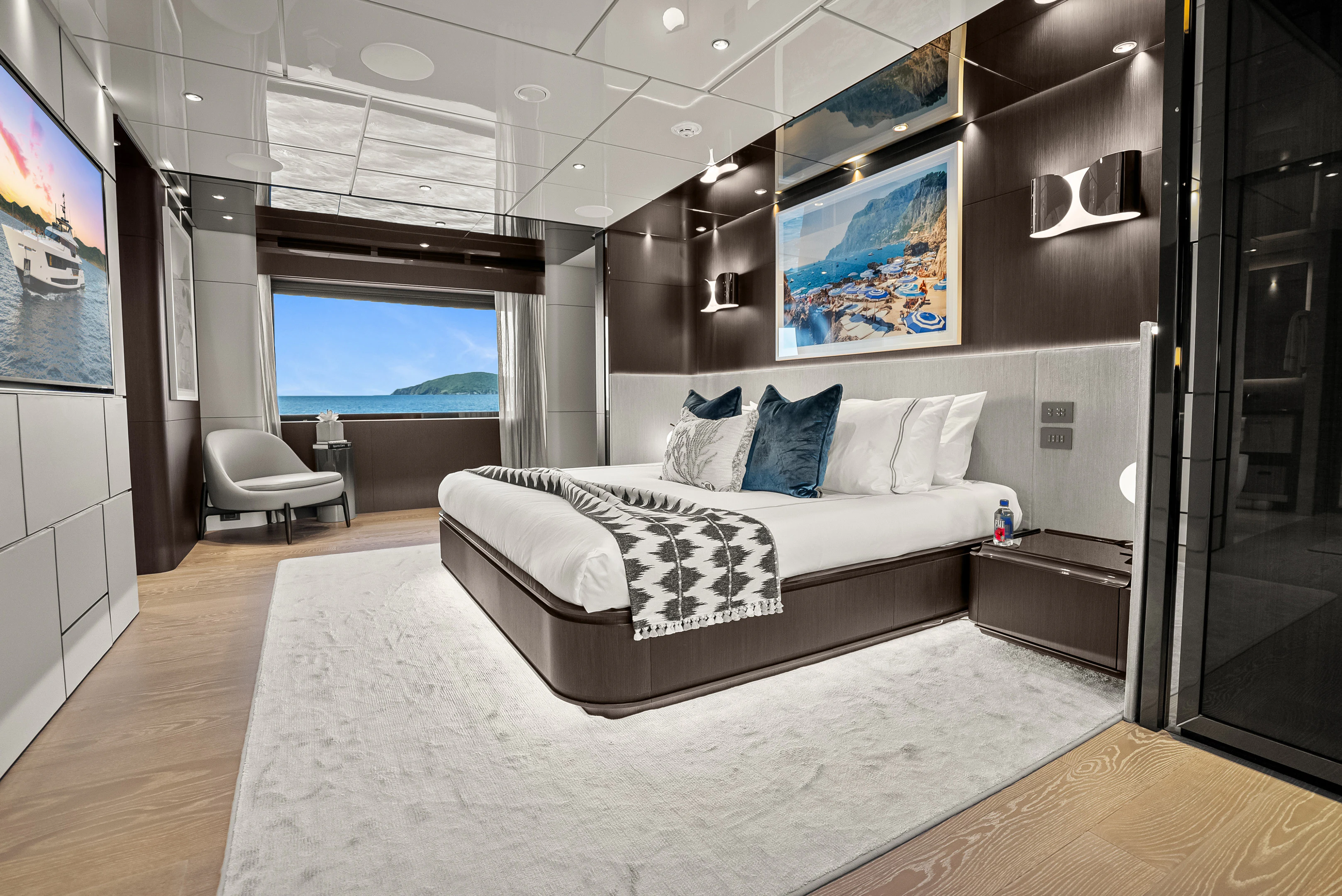 a large bed in a room aboard CANOE CANOE Yacht for Charter