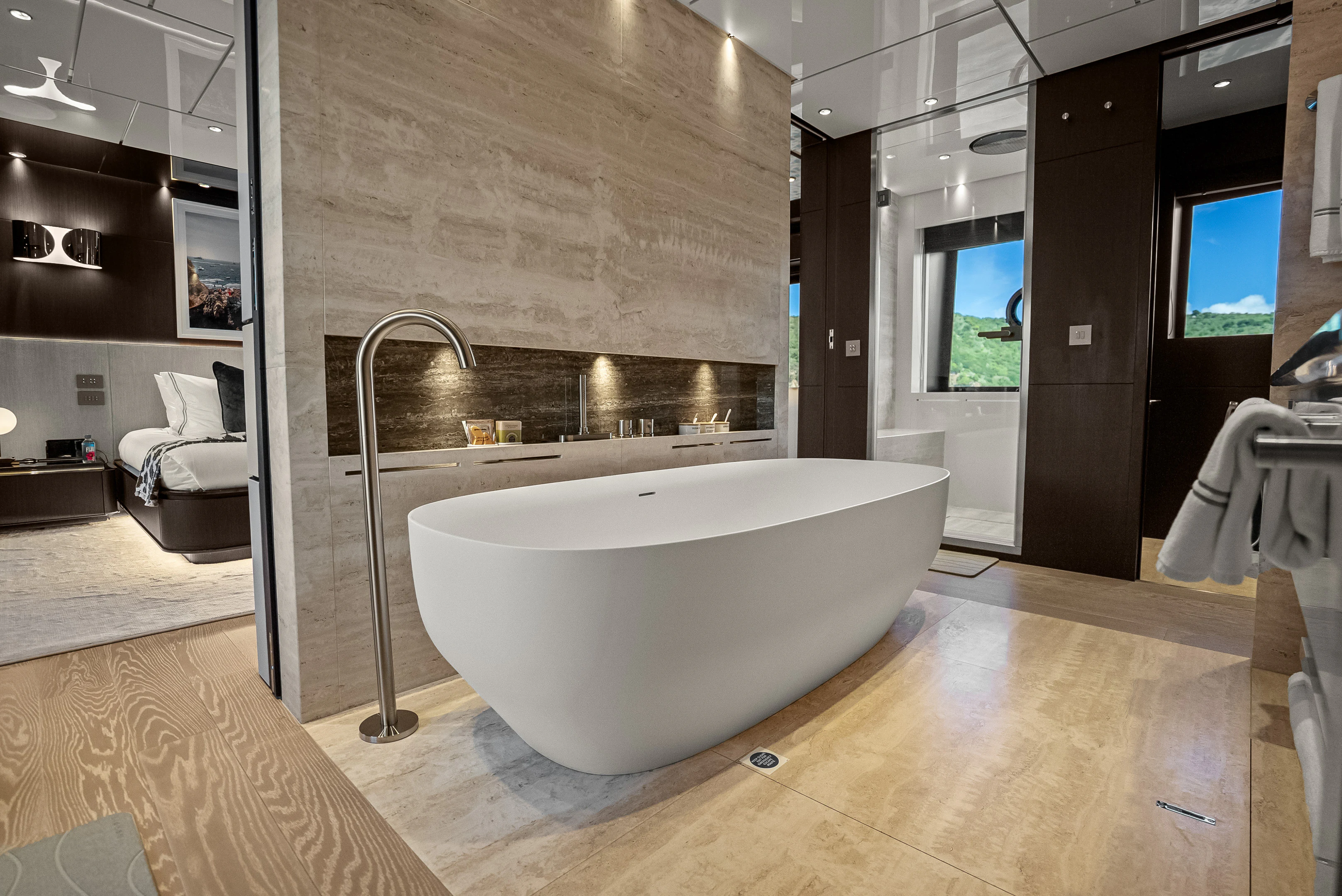 a bathroom with a large tub aboard CANOE CANOE Yacht for Charter