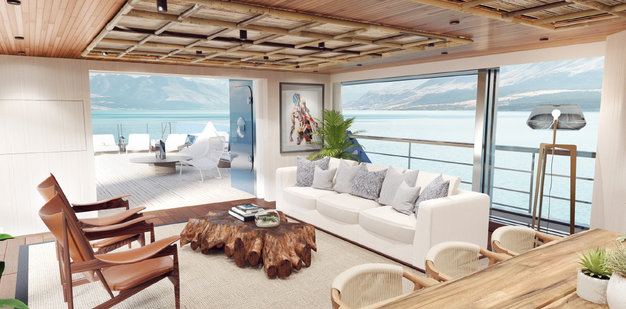 a living room with a large window aboard KING BENJI Yacht for Sale