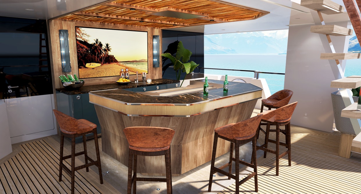 a kitchen with a table and chairs aboard KING BENJI Yacht for Sale