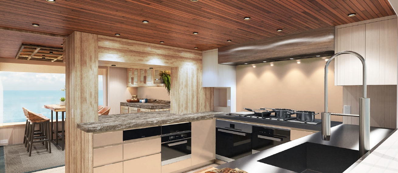 a kitchen with a large island aboard KING BENJI Yacht for Sale