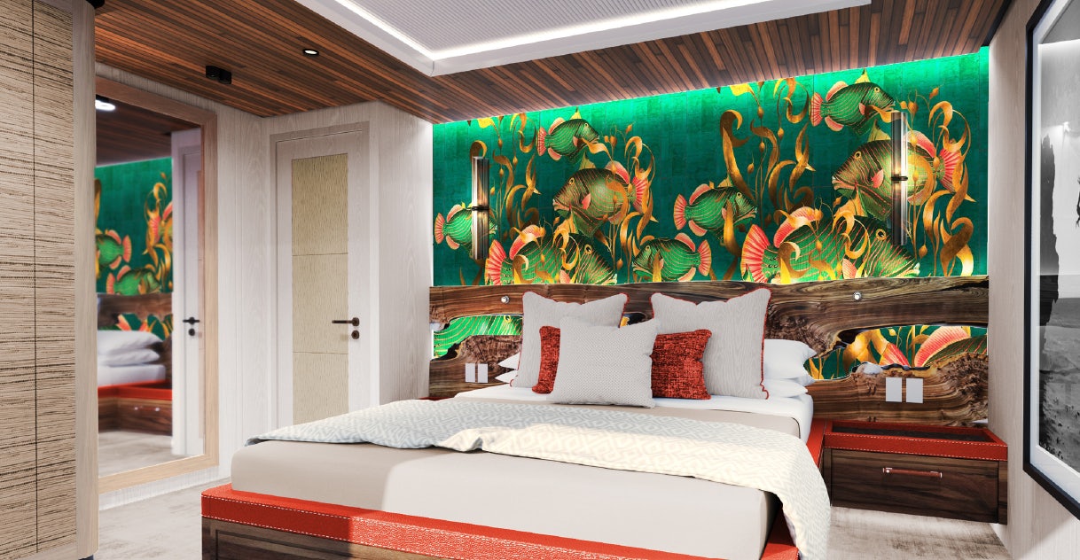 a bed in a room aboard KING BENJI Yacht for Sale