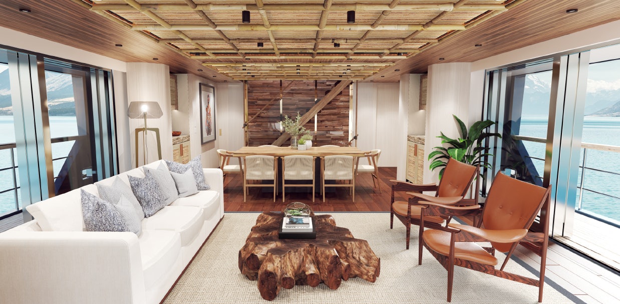a living room with a large open floor plan aboard KING BENJI Yacht for Sale
