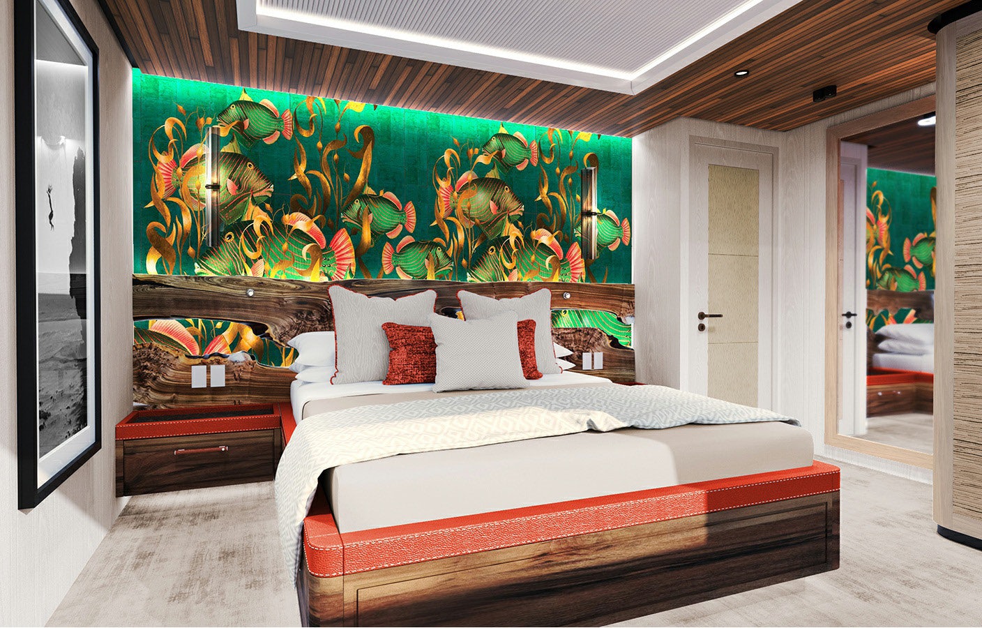 a bed in a room aboard KING BENJI Yacht for Sale