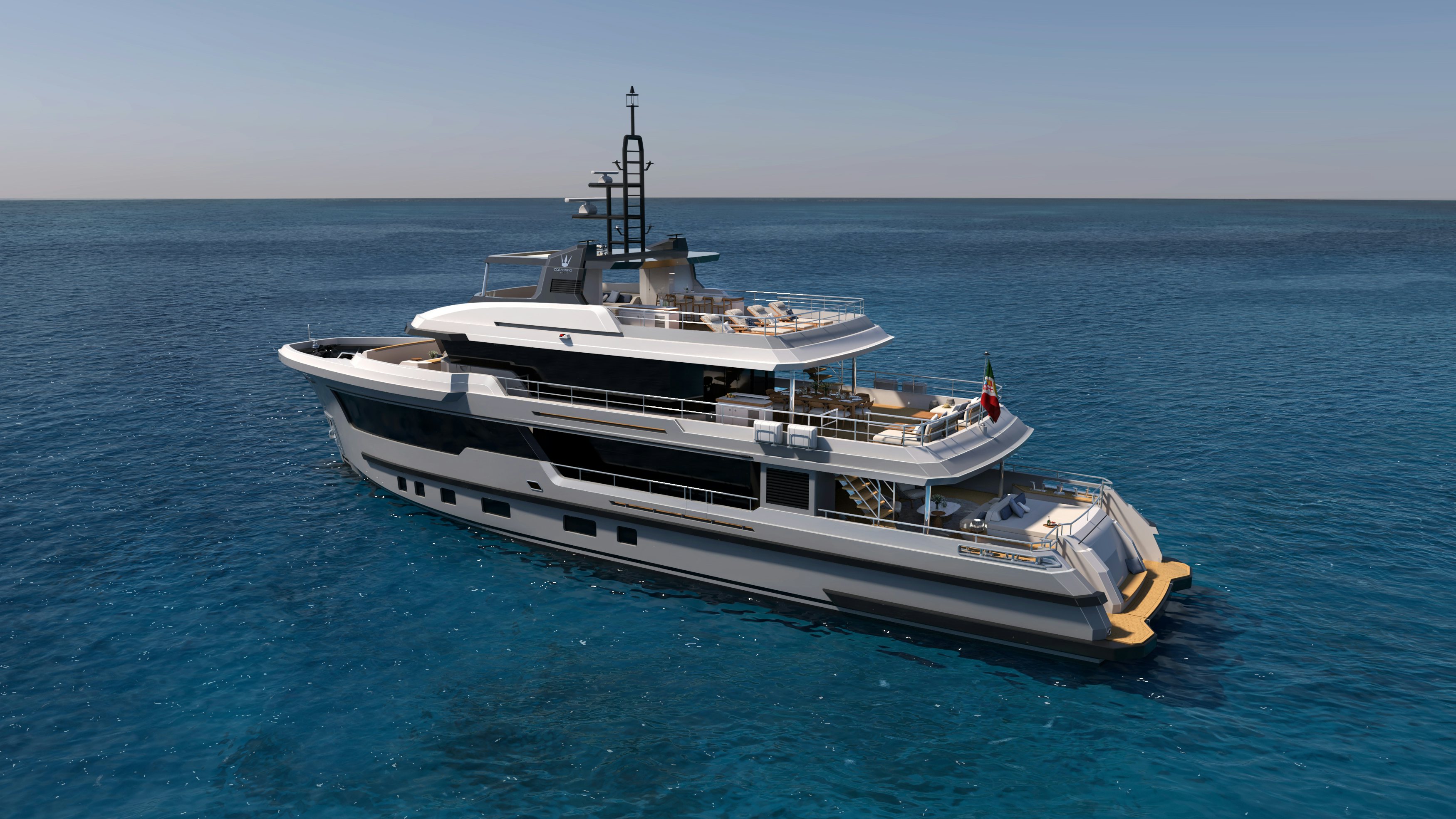 a large white boat in the water aboard OCEAN KING EXPLORER 34M Yacht for Sale