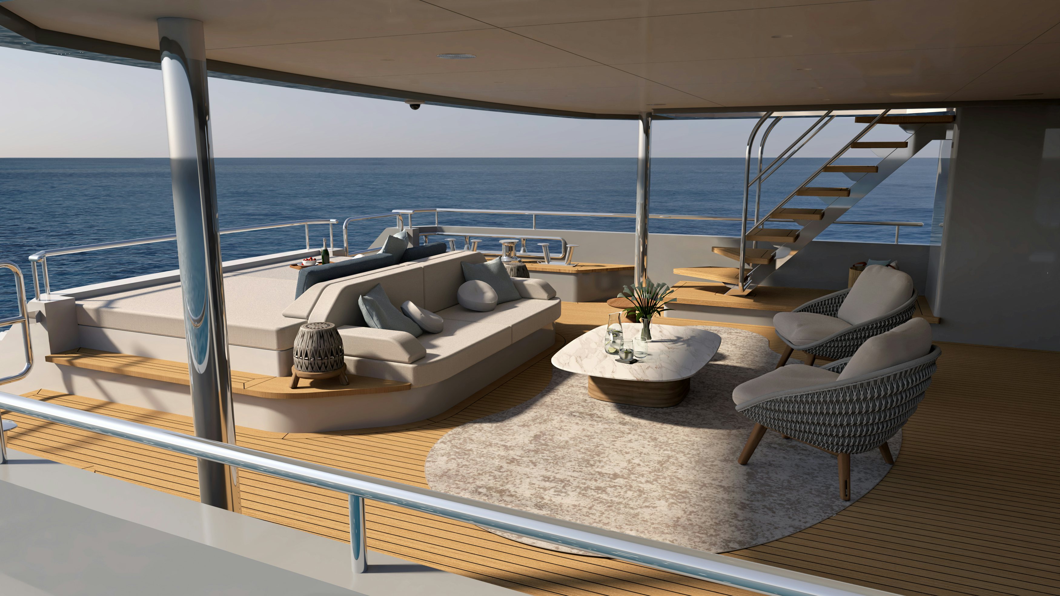 a room with a bed and a chair on a balcony aboard OCEAN KING EXPLORER 34M Yacht for Sale