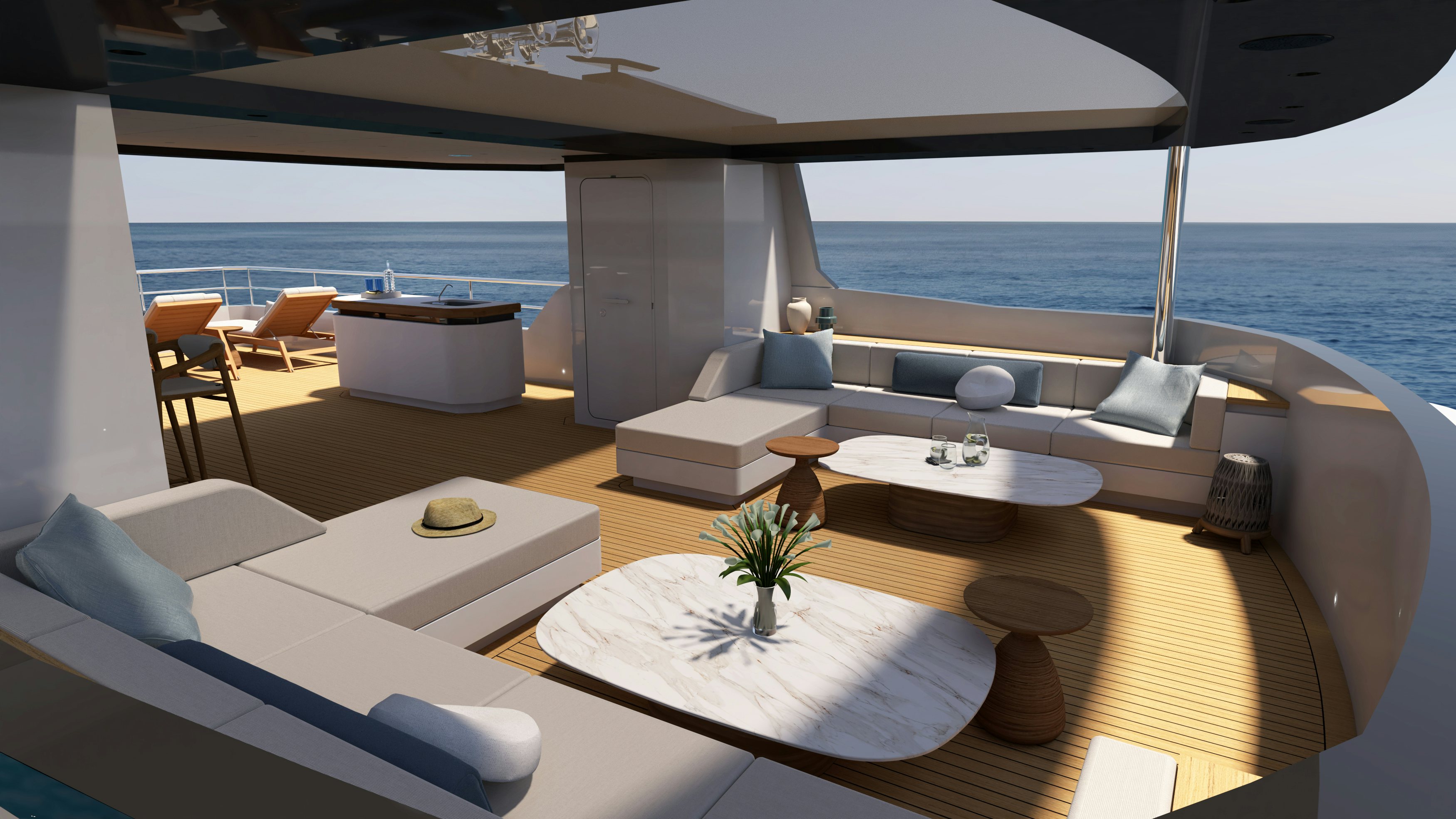 a room with a table chairs and a large body of water aboard OCEAN KING EXPLORER 34M Yacht for Sale