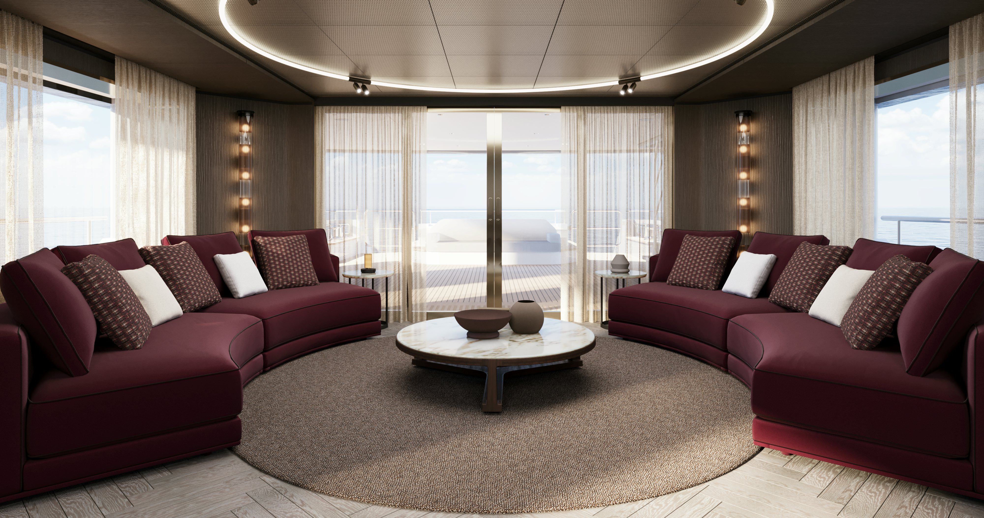a living room with red couches and a large window aboard OCEAN KING EXPLORER 34M Yacht for Sale