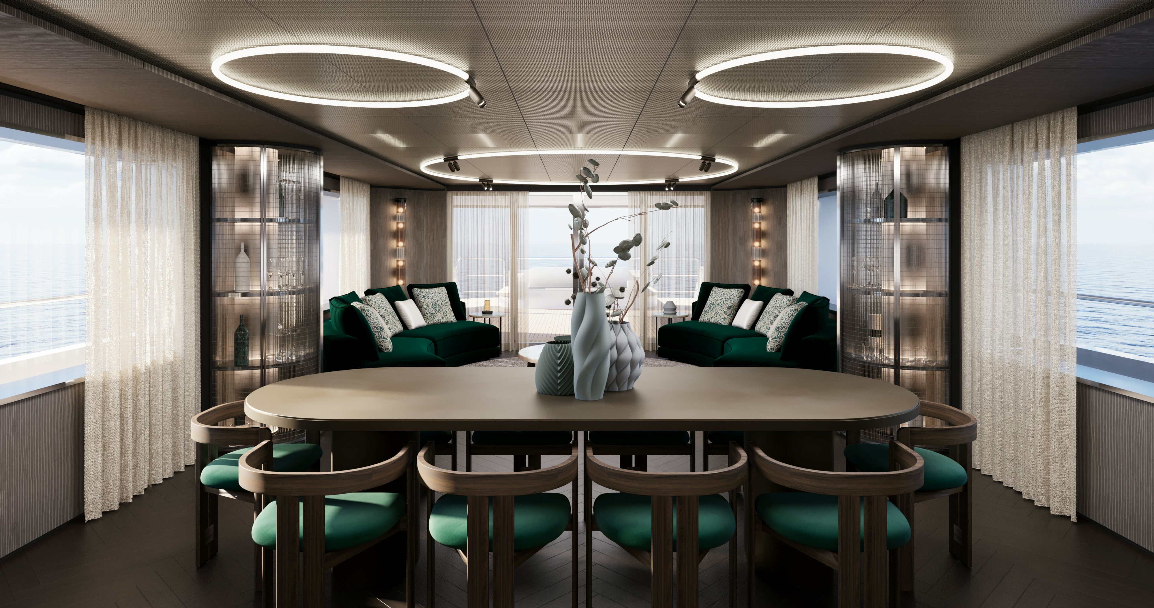 a room with a table and chairs aboard OCEAN KING EXPLORER 34M Yacht for Sale