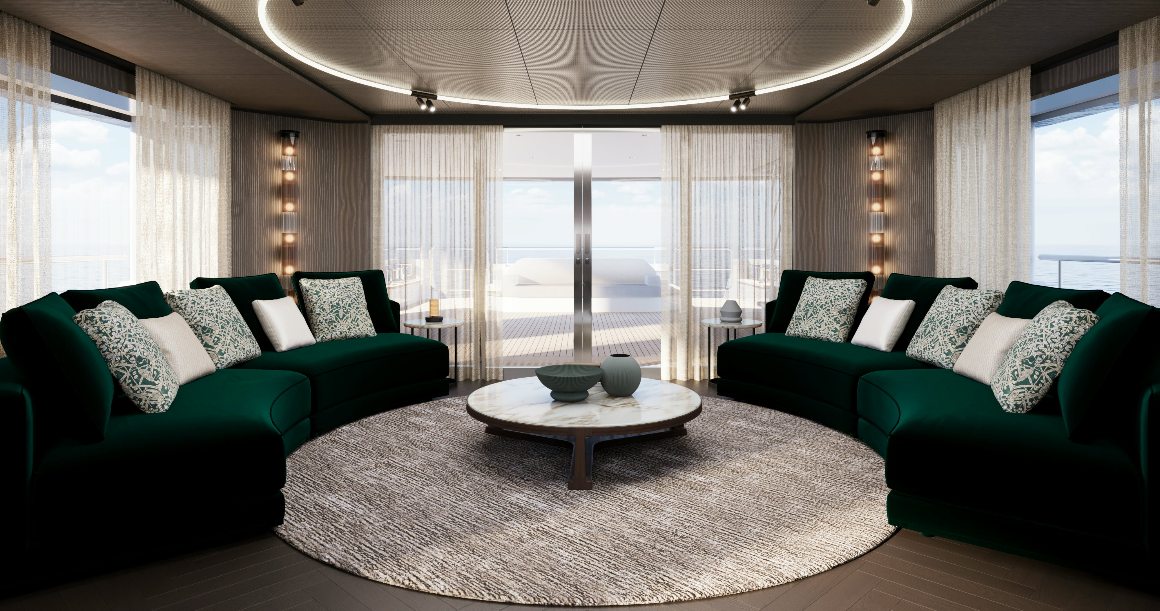 a living room with a large window aboard OCEAN KING EXPLORER 34M Yacht for Sale