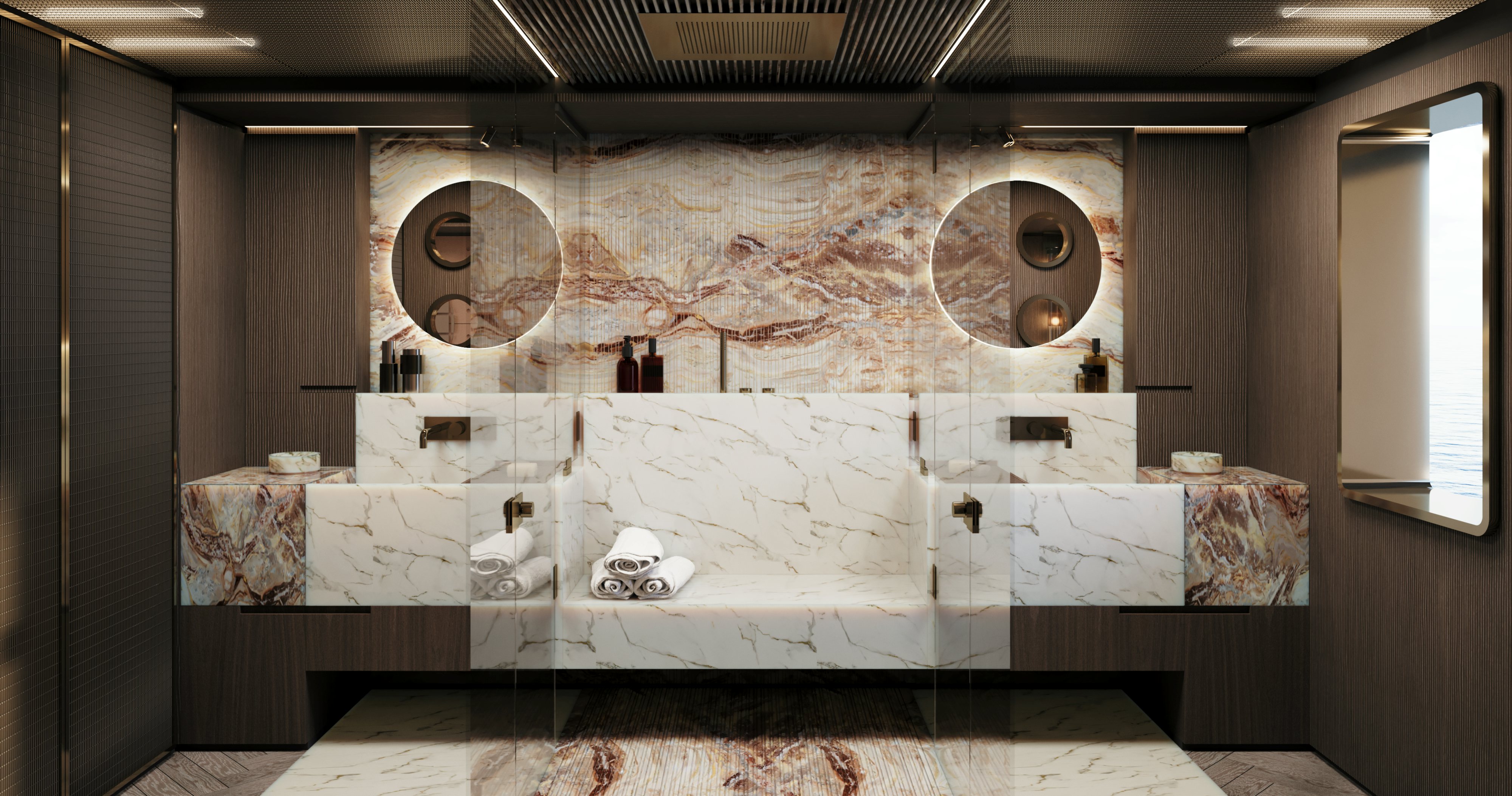 a large bed with a round cover aboard OCEAN KING EXPLORER 34M Yacht for Sale