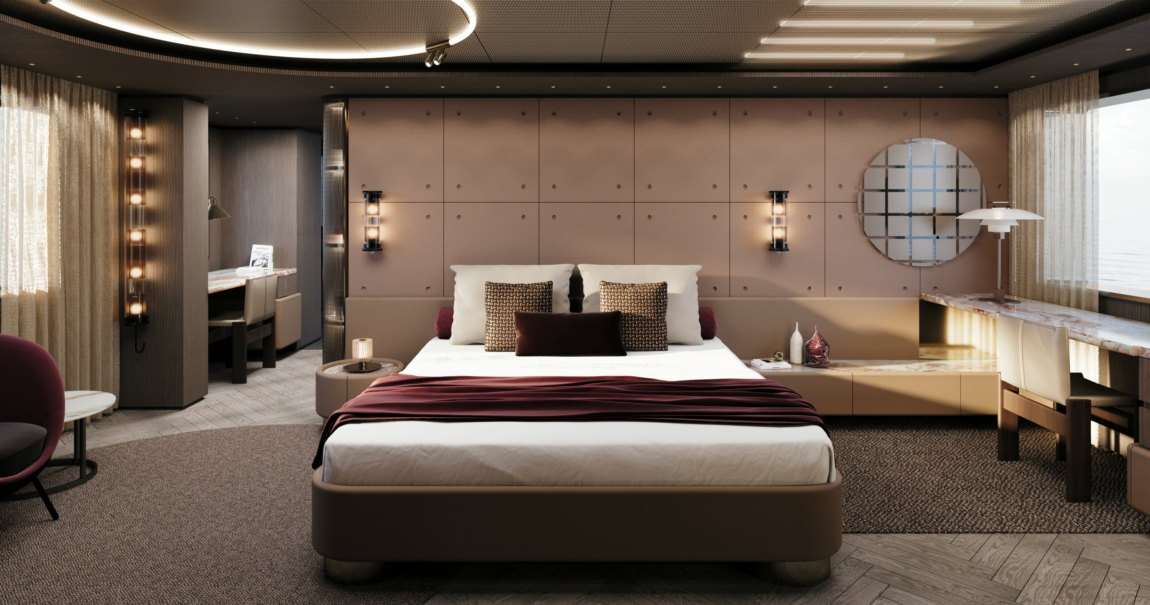 a room with a bed and desk aboard OCEAN KING EXPLORER 34M Yacht for Sale