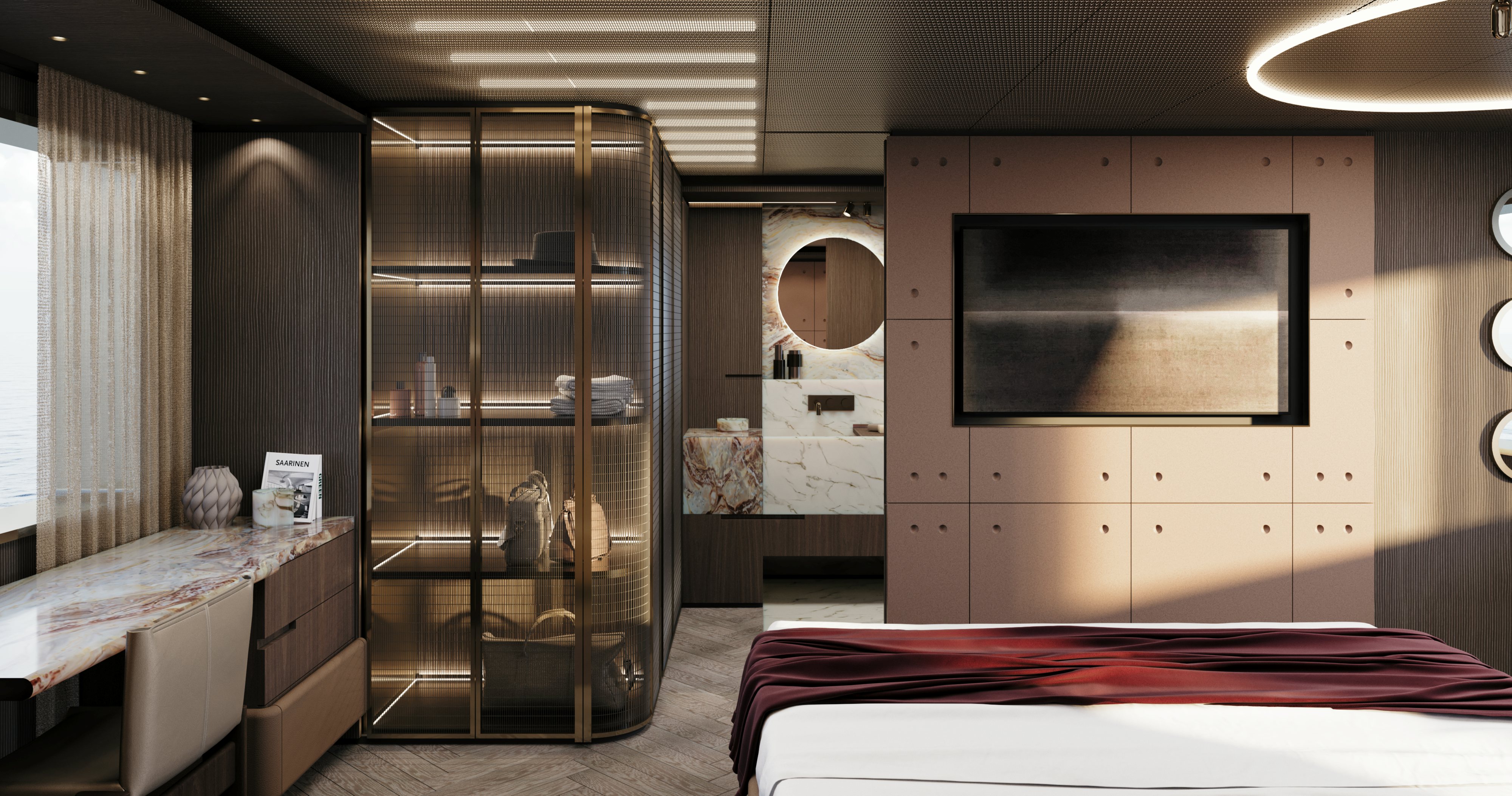 a room with a bed and a tv aboard OCEAN KING EXPLORER 34M Yacht for Sale