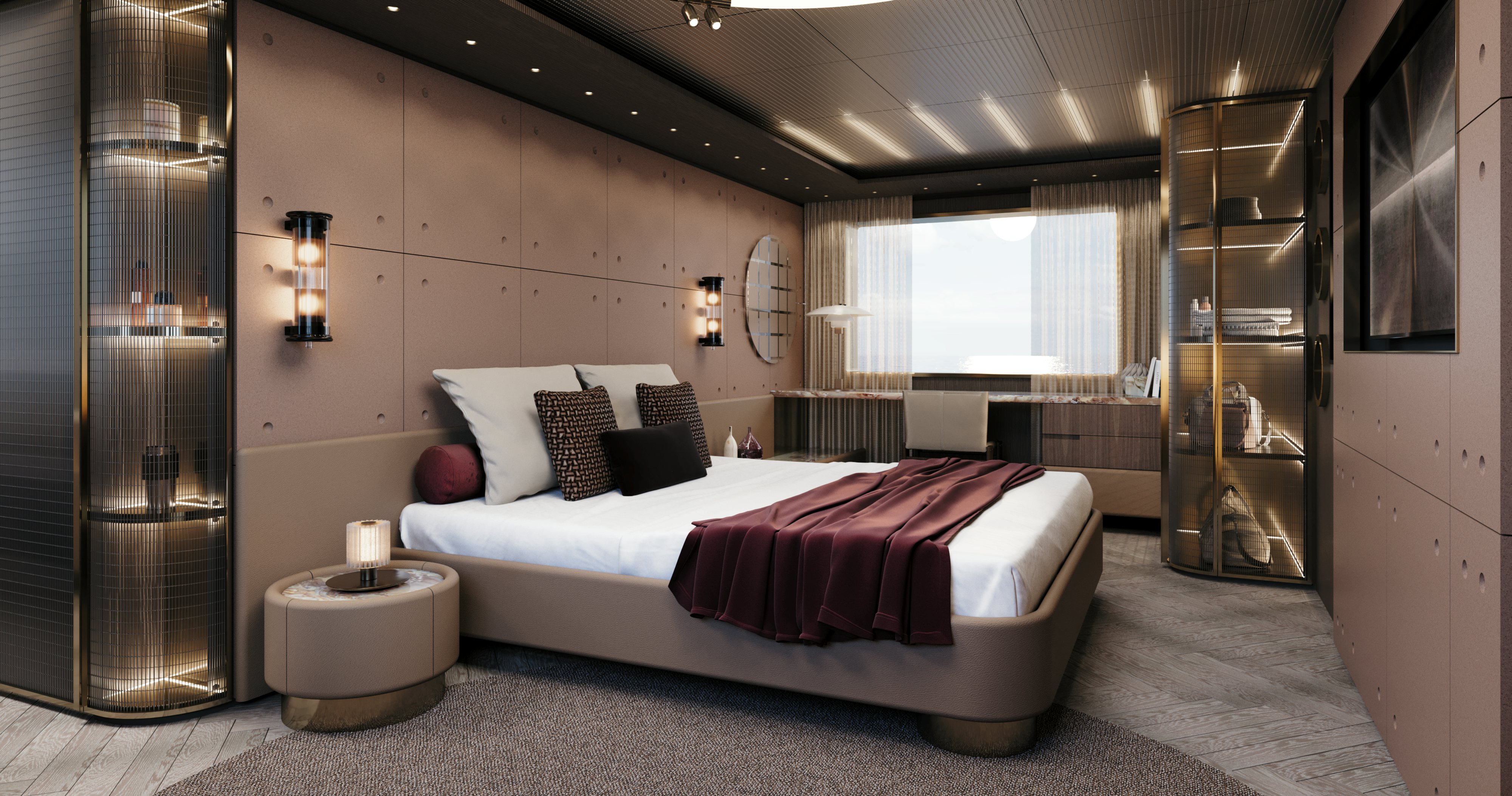 a large bed in a room aboard OCEAN KING EXPLORER 34M Yacht for Sale