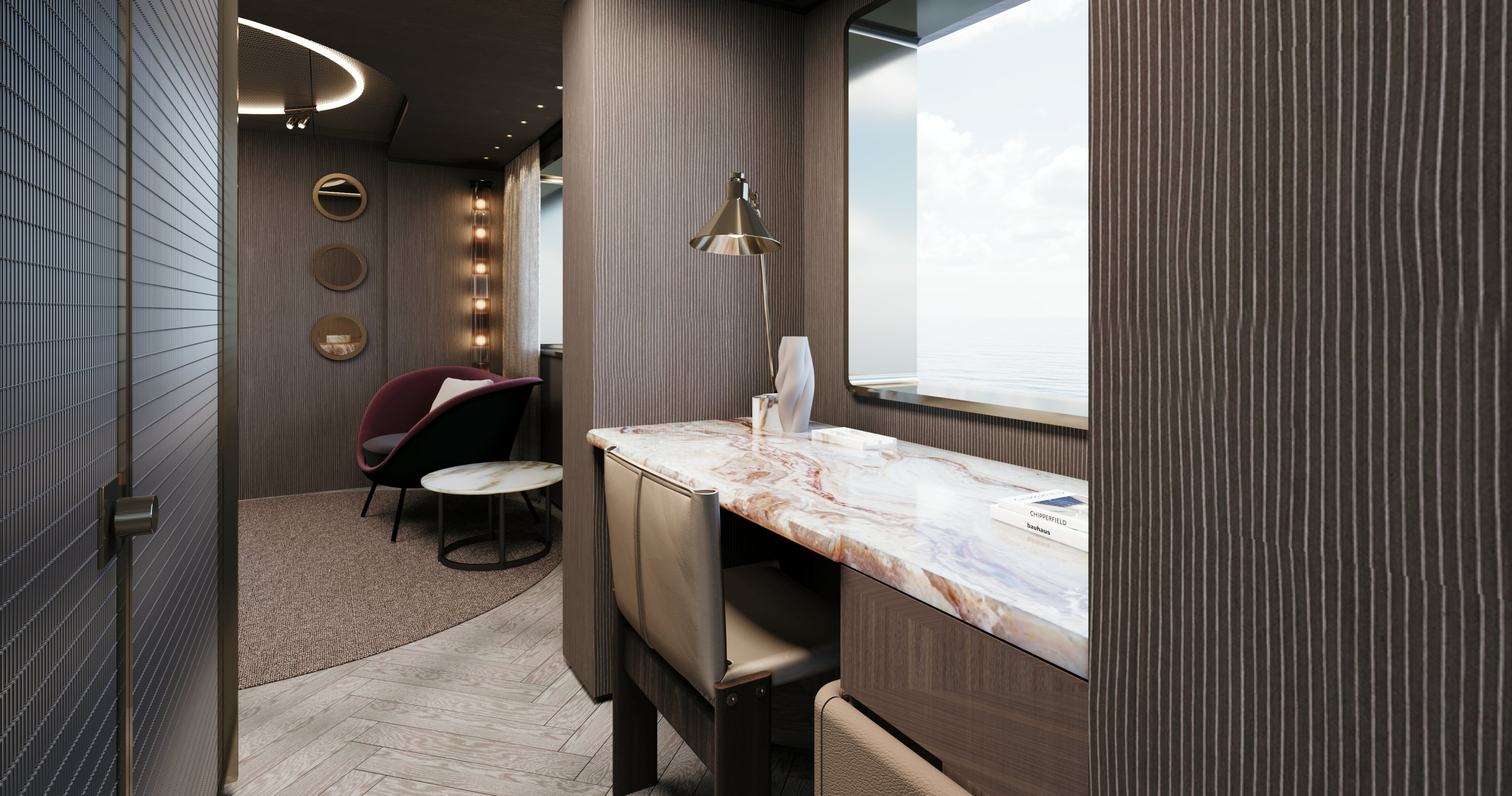 a room with a bed and a desk aboard OCEAN KING EXPLORER 34M Yacht for Sale