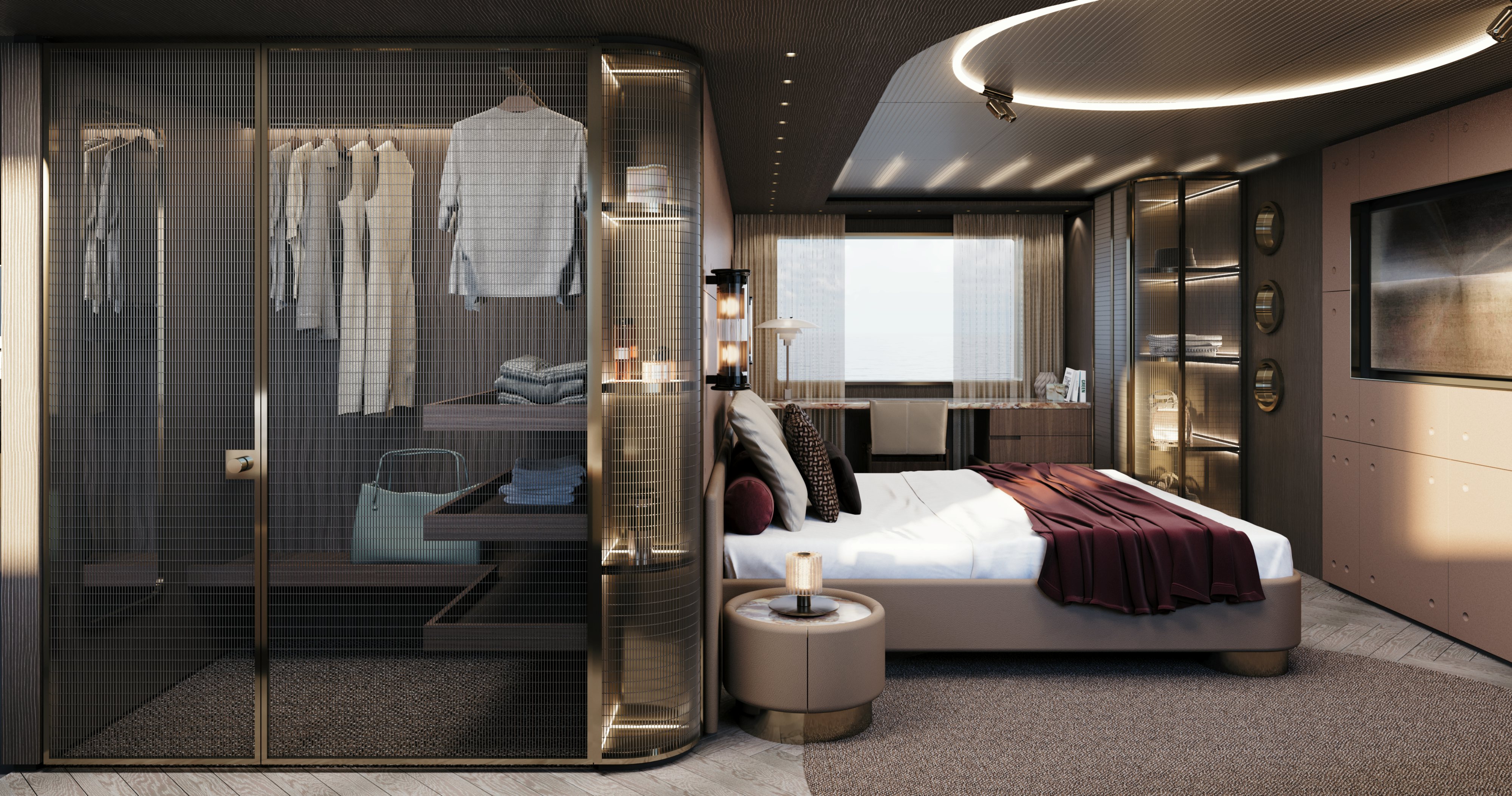 a room with a bed and a mirror aboard OCEAN KING EXPLORER 34M Yacht for Sale