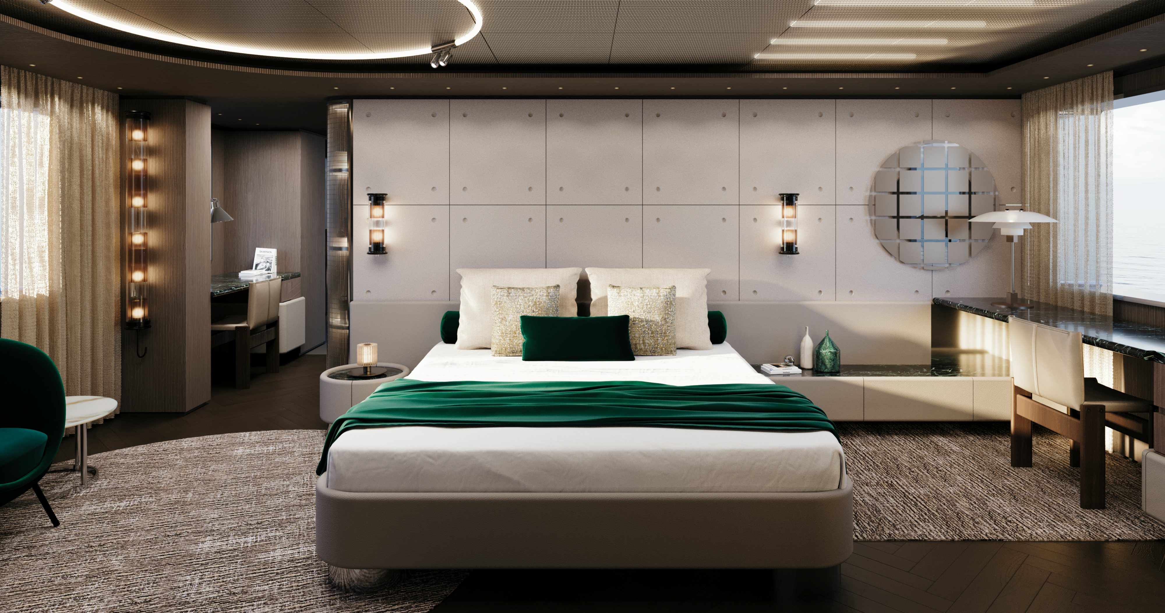 a room with a bed and a mirror aboard OCEAN KING EXPLORER 34M Yacht for Sale