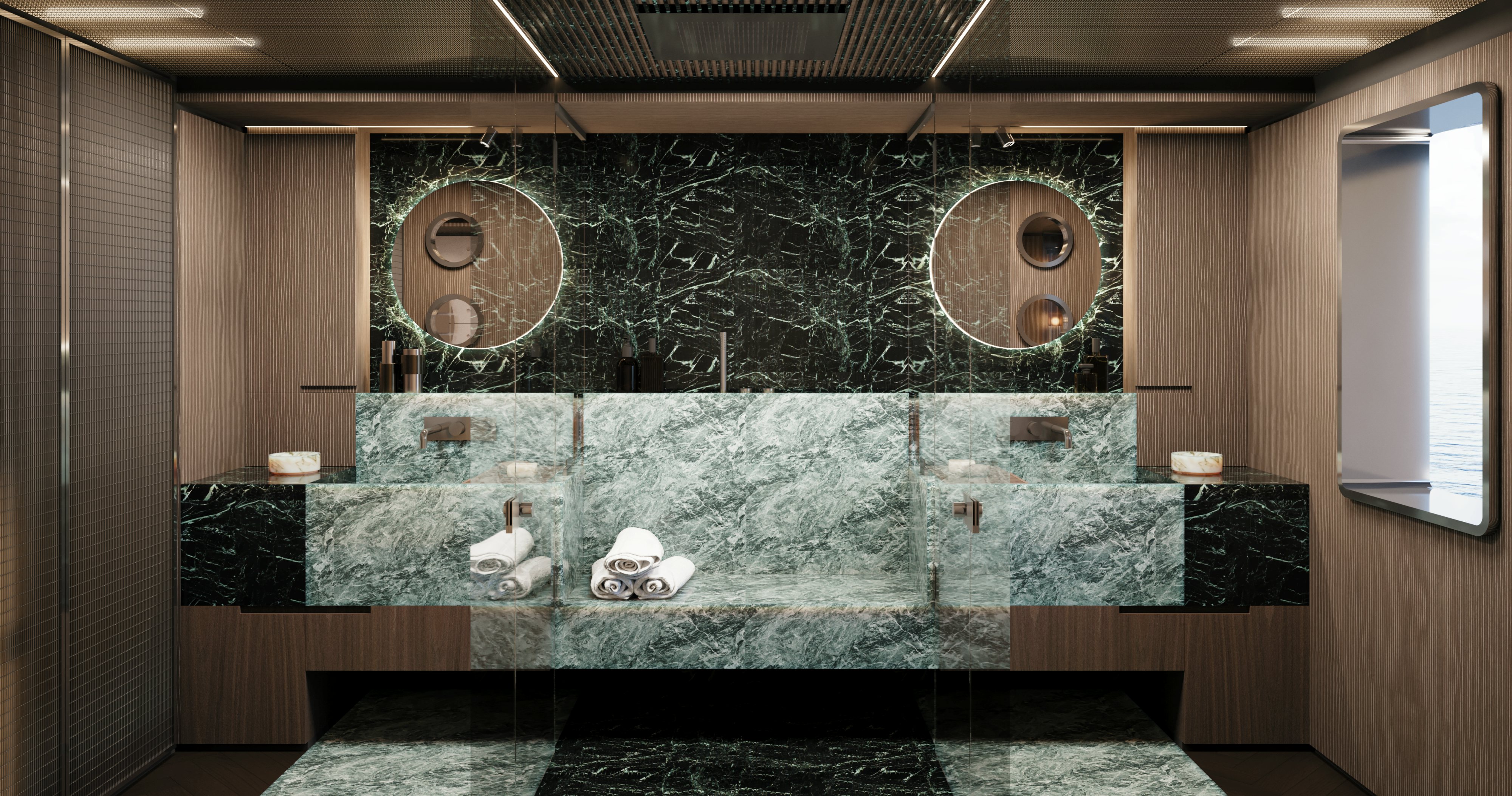 a bathroom with a large marble counter aboard OCEAN KING EXPLORER 34M Yacht for Sale