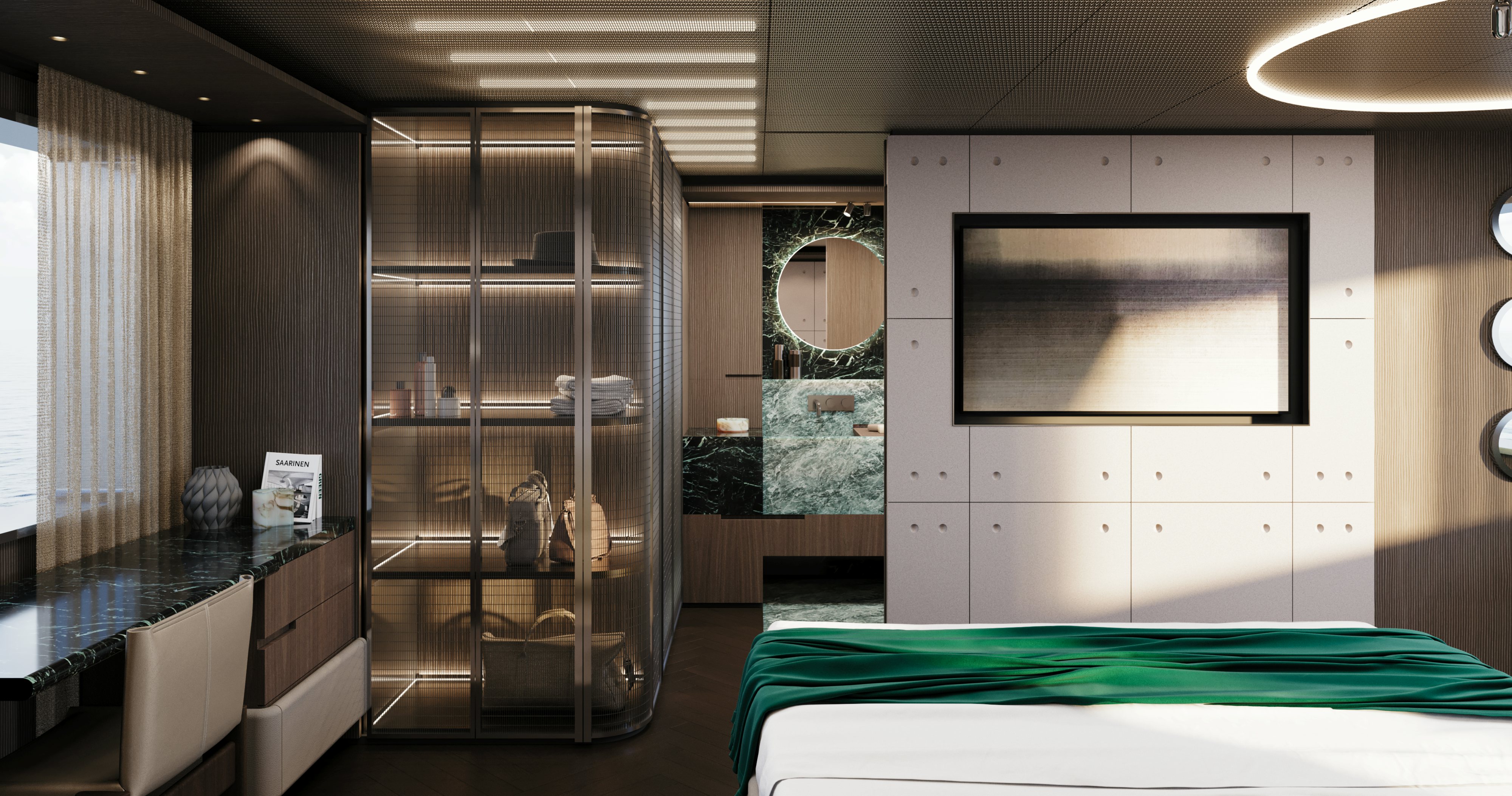 a room with a glass wall and a bed and a desk aboard OCEAN KING EXPLORER 34M Yacht for Sale