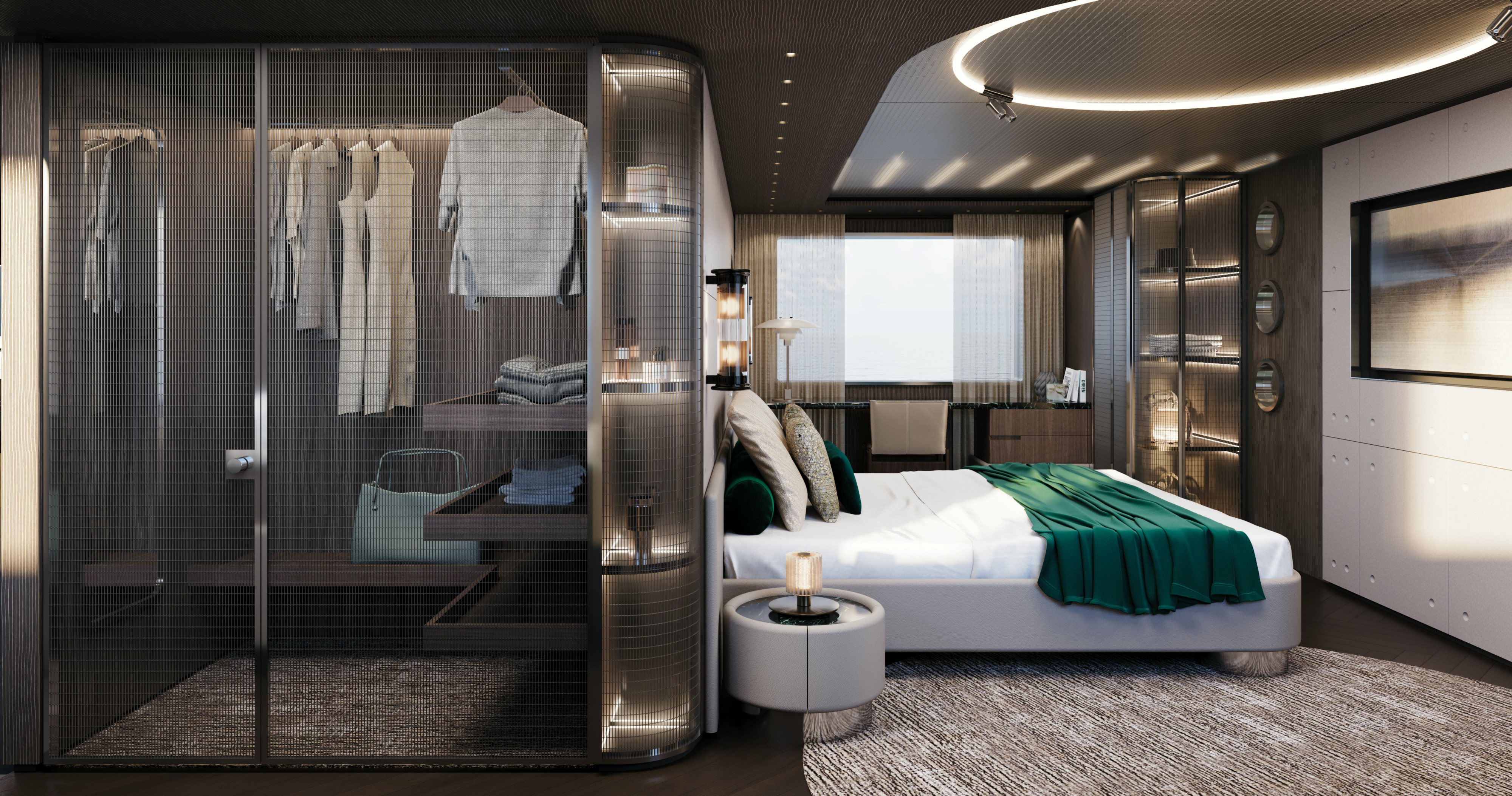 a room with a bed and a mirror aboard OCEAN KING EXPLORER 34M Yacht for Sale