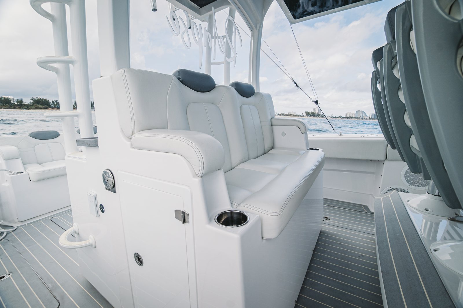a white boat on a deck aboard RELAPSE Yacht for Sale