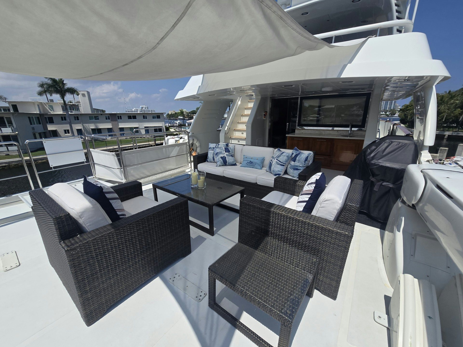 a living room with a large white tent aboard DESTINATION Yacht for Sale