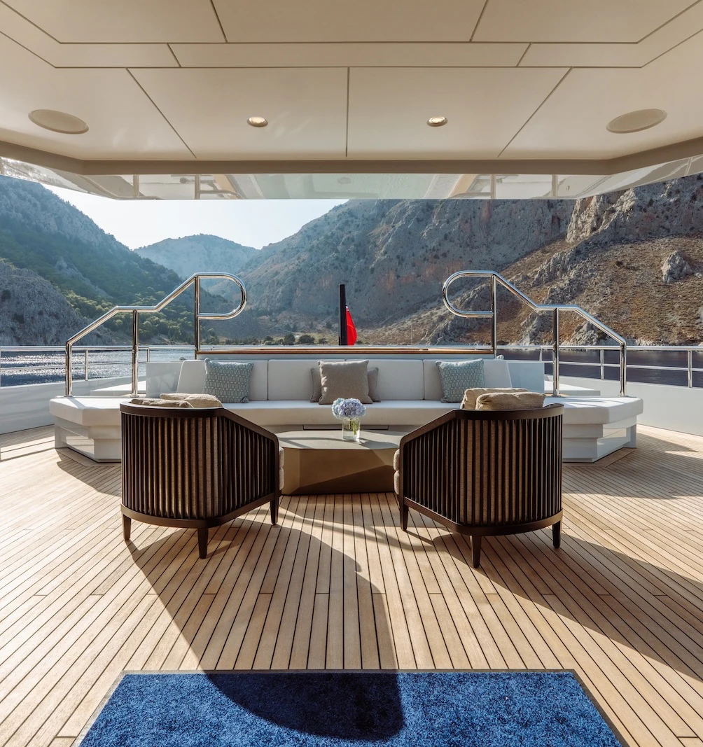 a room with a large tub and a view of mountains aboard AFTER YOU Yacht for Charter