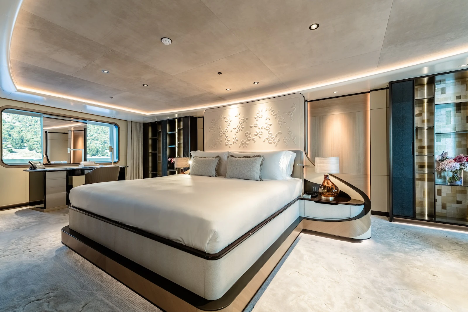 a large bed in a room aboard AFTER YOU Yacht for Charter