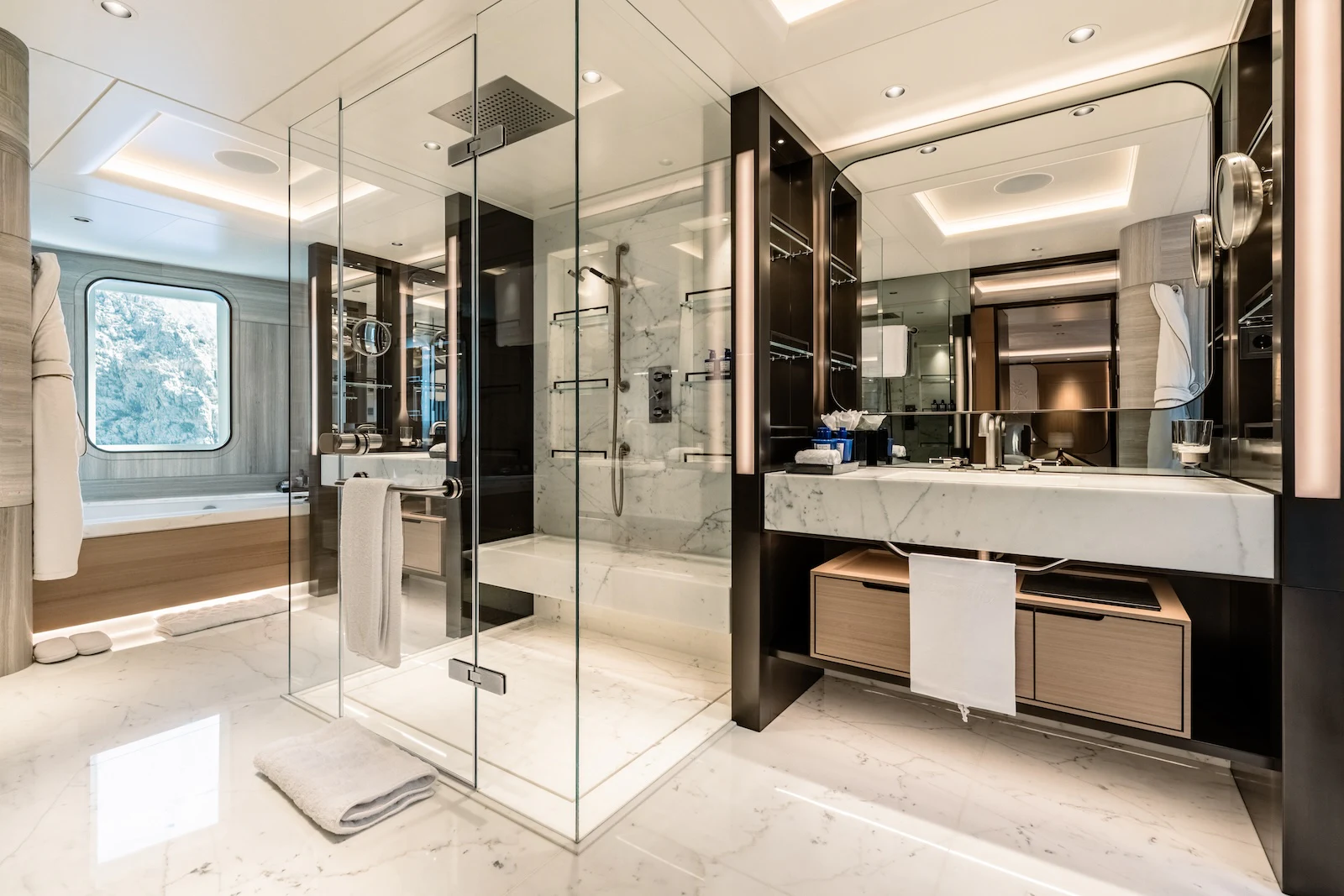 a bathroom with glass doors aboard AFTER YOU Yacht for Charter