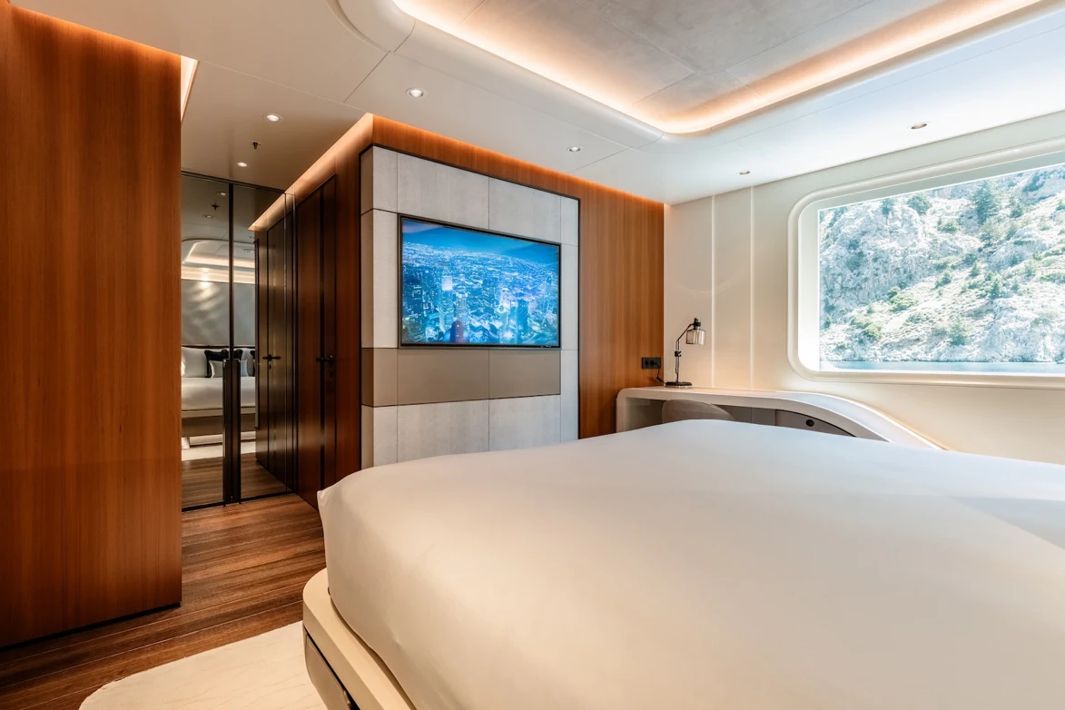 a bedroom with a large bed aboard AFTER YOU Yacht for Charter