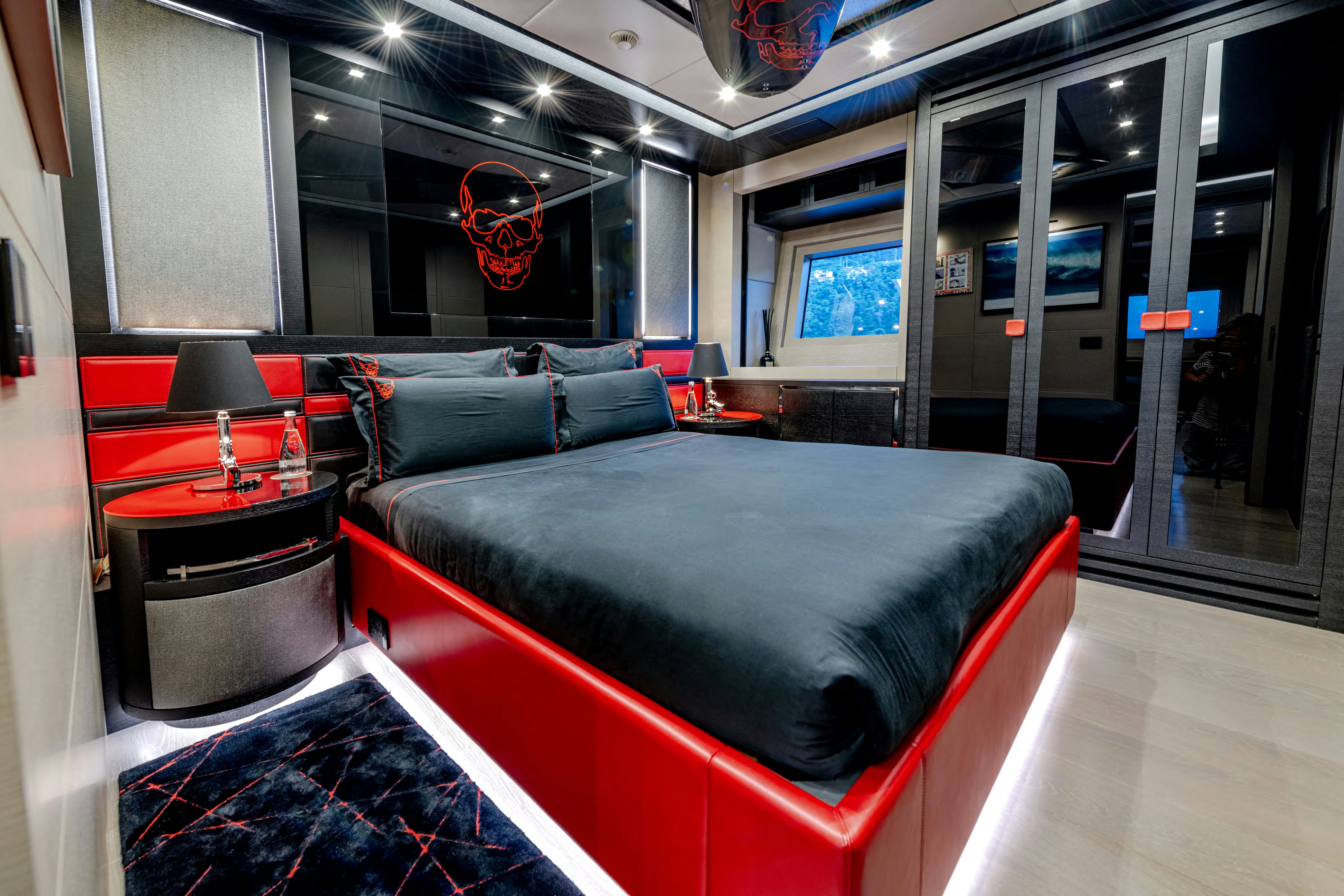 a bed in a room aboard BLACK LEGEND Yacht for Sale