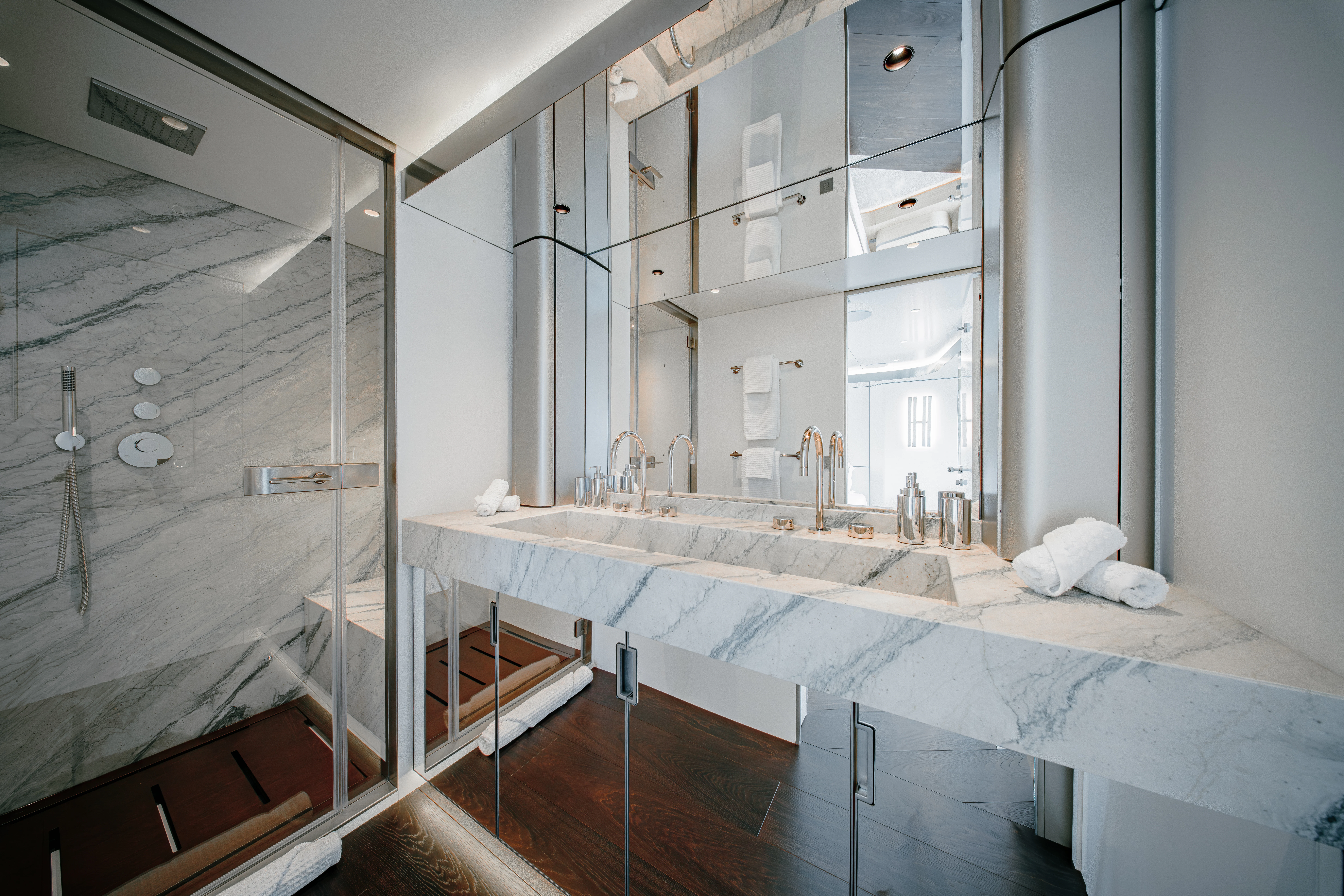 a large bathroom with a large tub aboard PROPOSITION Yacht for Charter