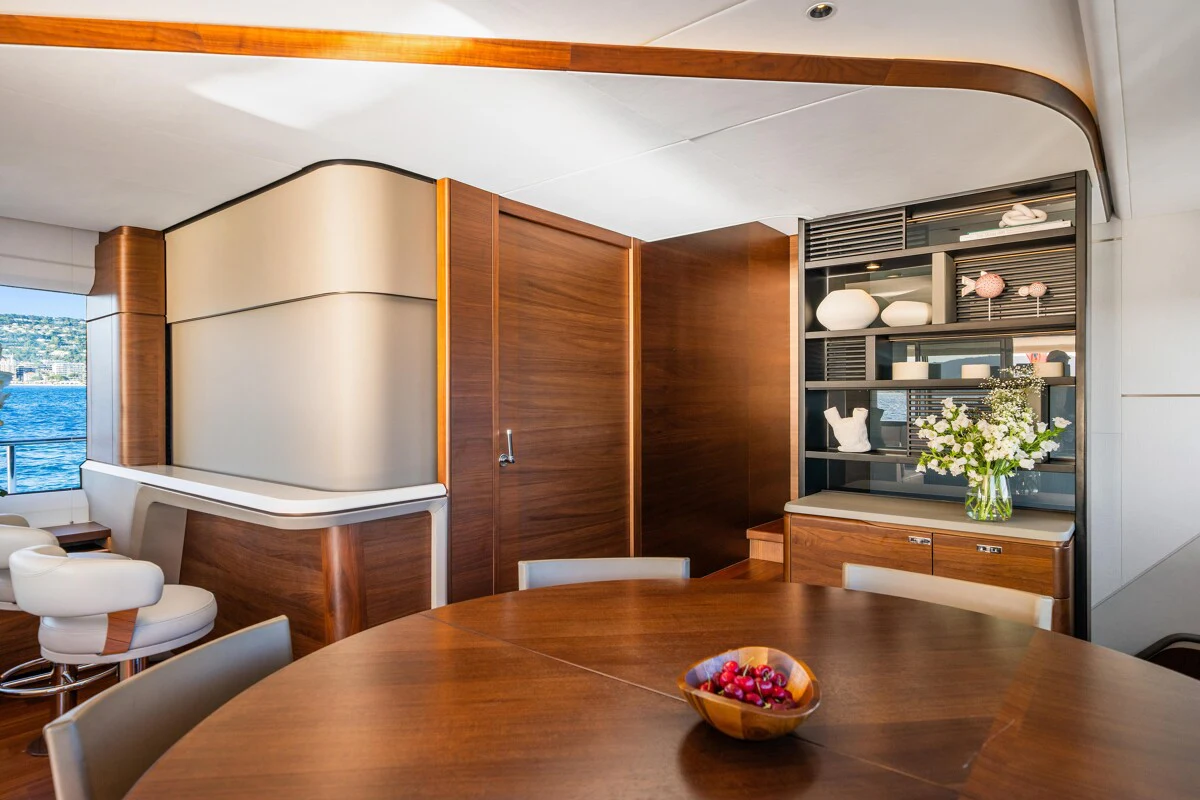 a room with a table and a bowl of fruit aboard GYPZY Yacht for Charter