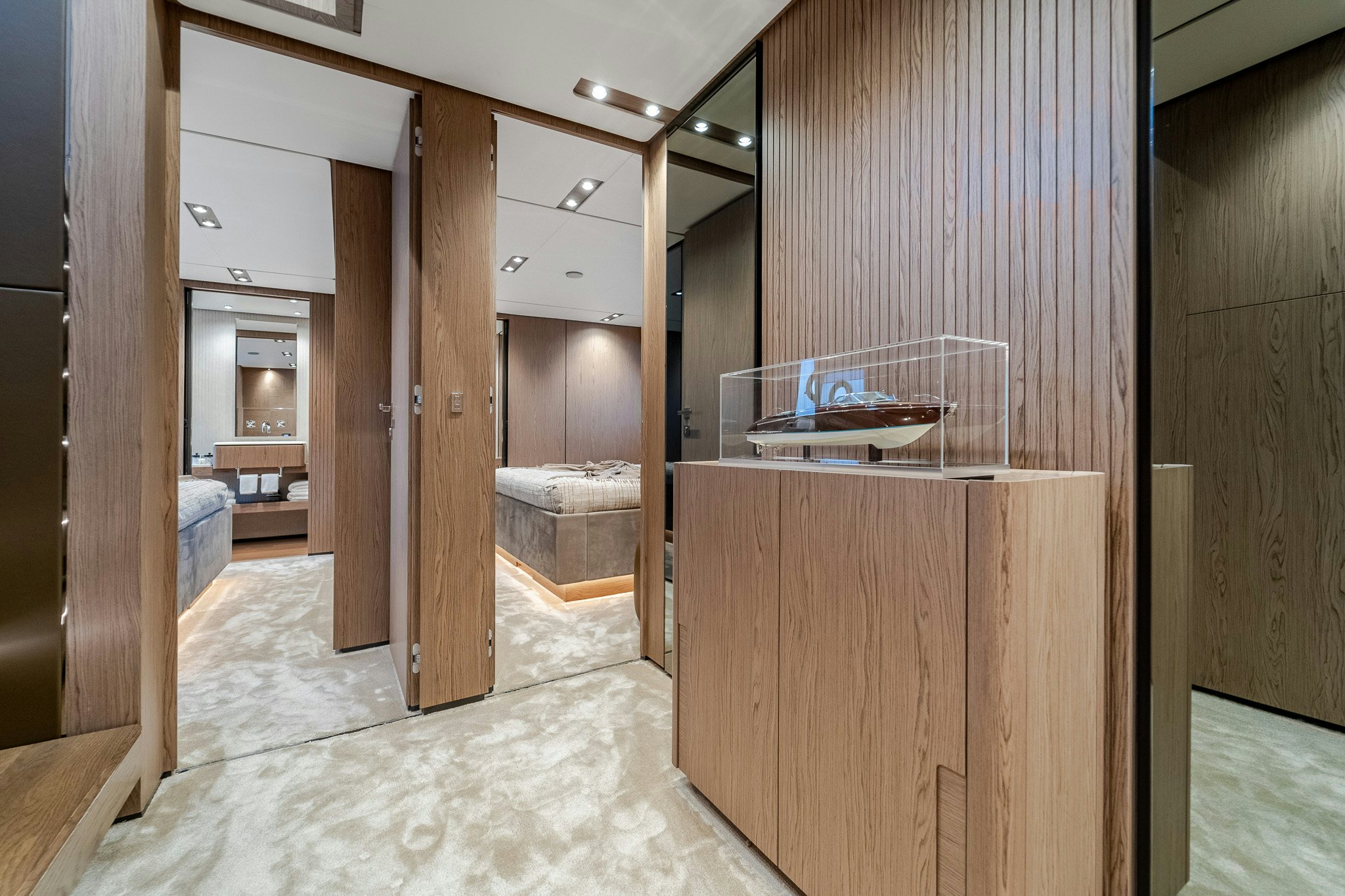 a room with wooden walls and a bed aboard ISOTTA Yacht for Sale