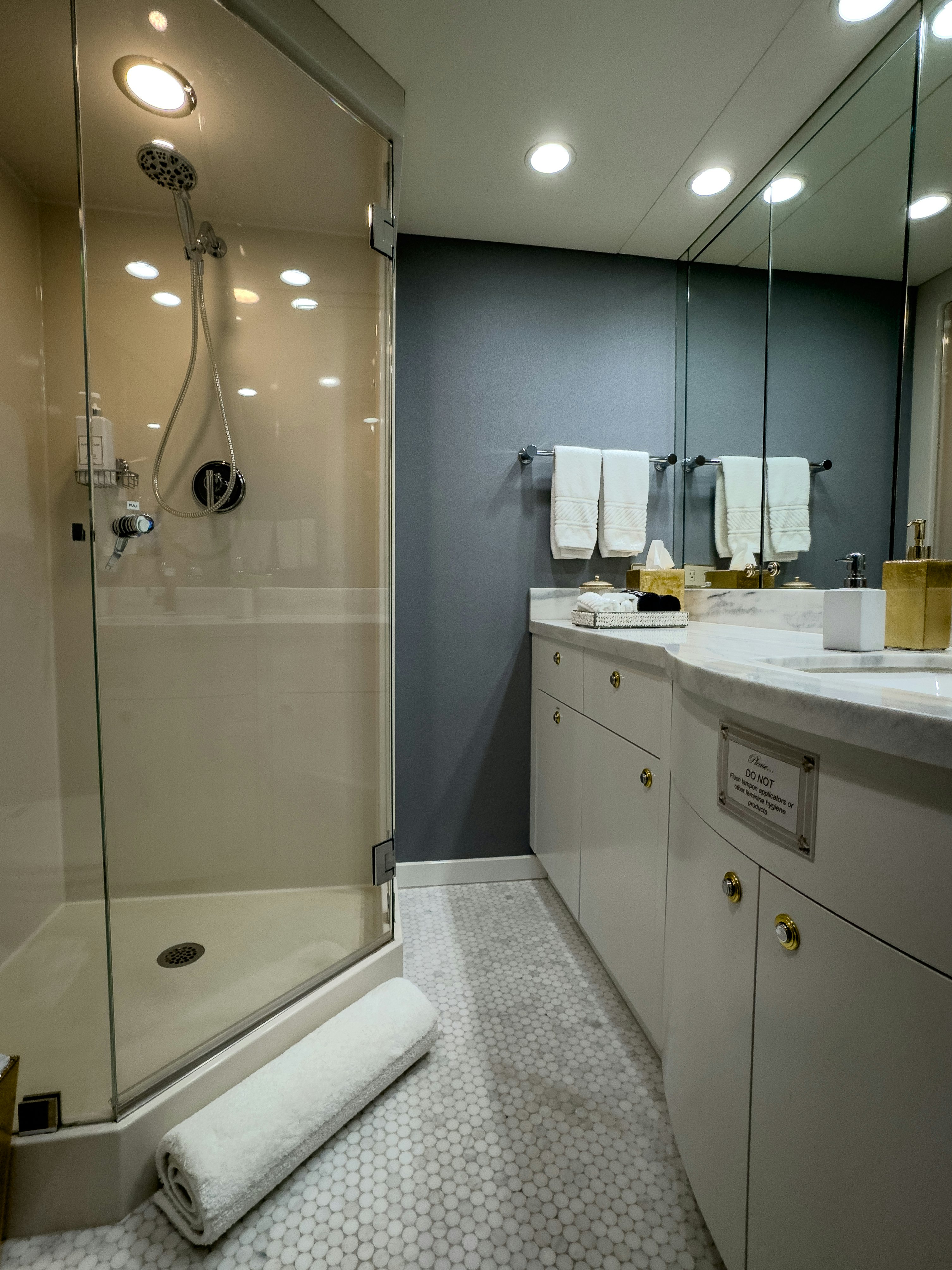 a bathroom with a shower and sink aboard GALE WINDS Yacht for Sale