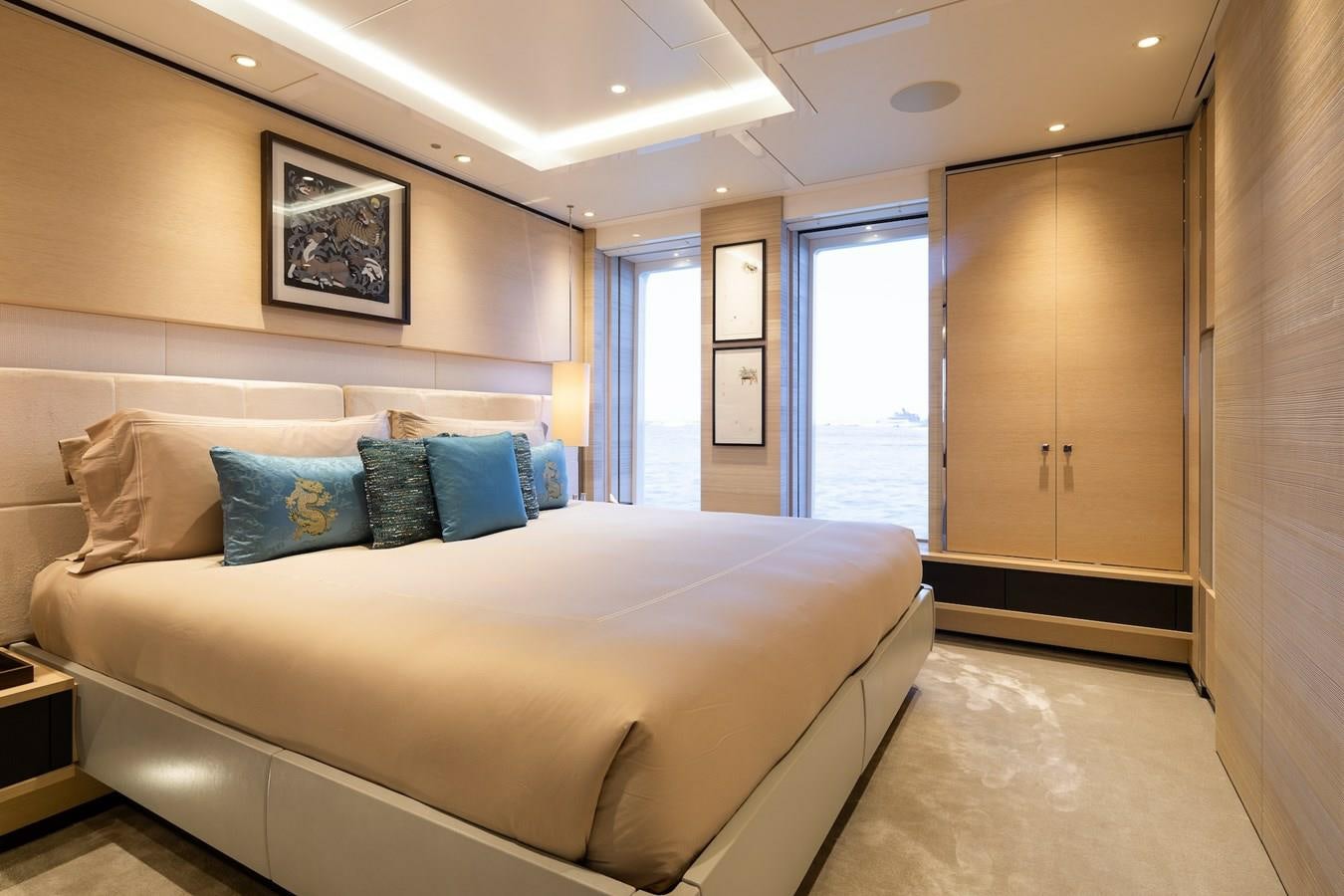 a bed in a room aboard SAMURAI Yacht for Sale