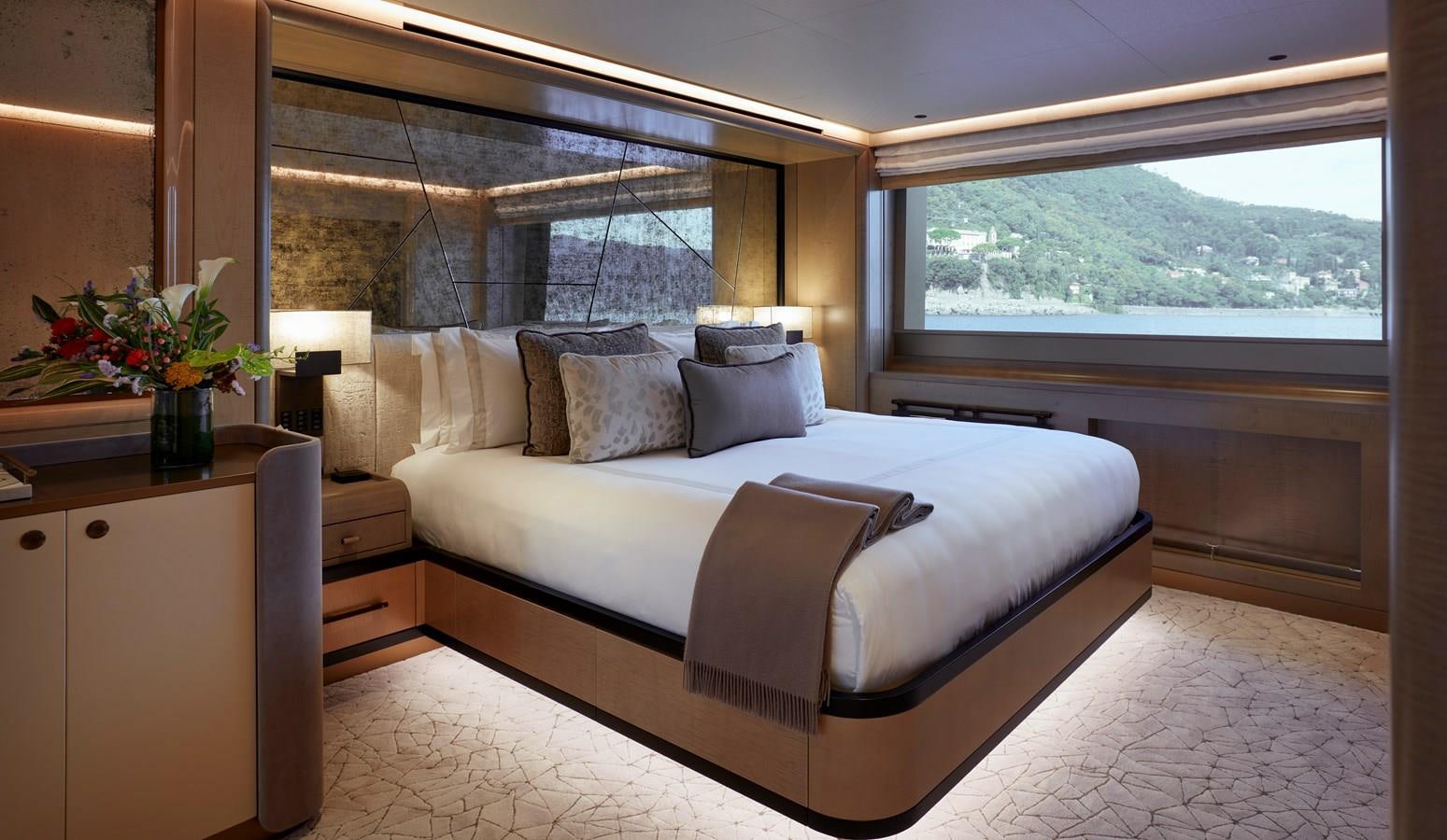 a bed in a room aboard SOMNIUM Yacht for Sale