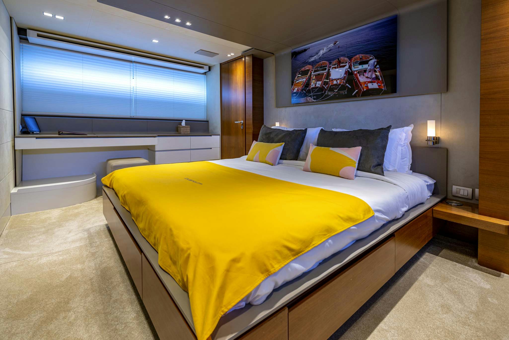 a bed in a room aboard QUANTUM Yacht for Sale