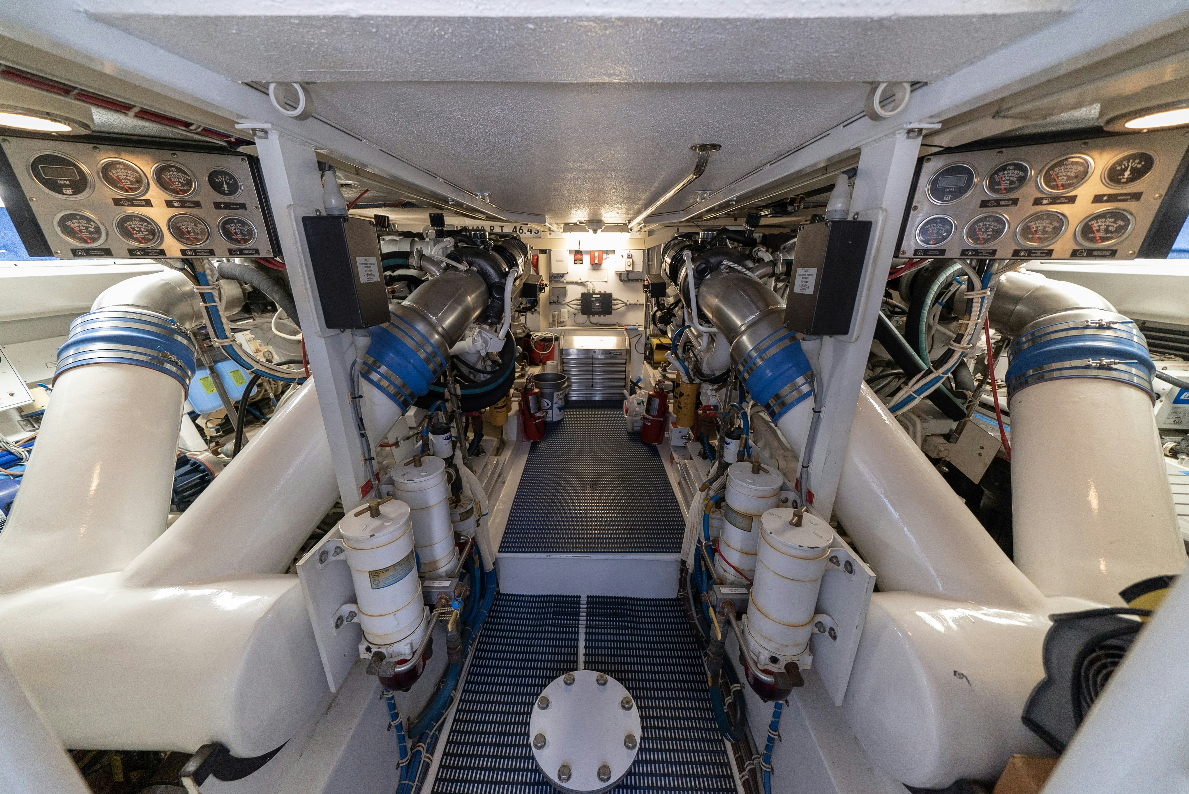 a room with many pipes aboard SONORA Yacht for Sale