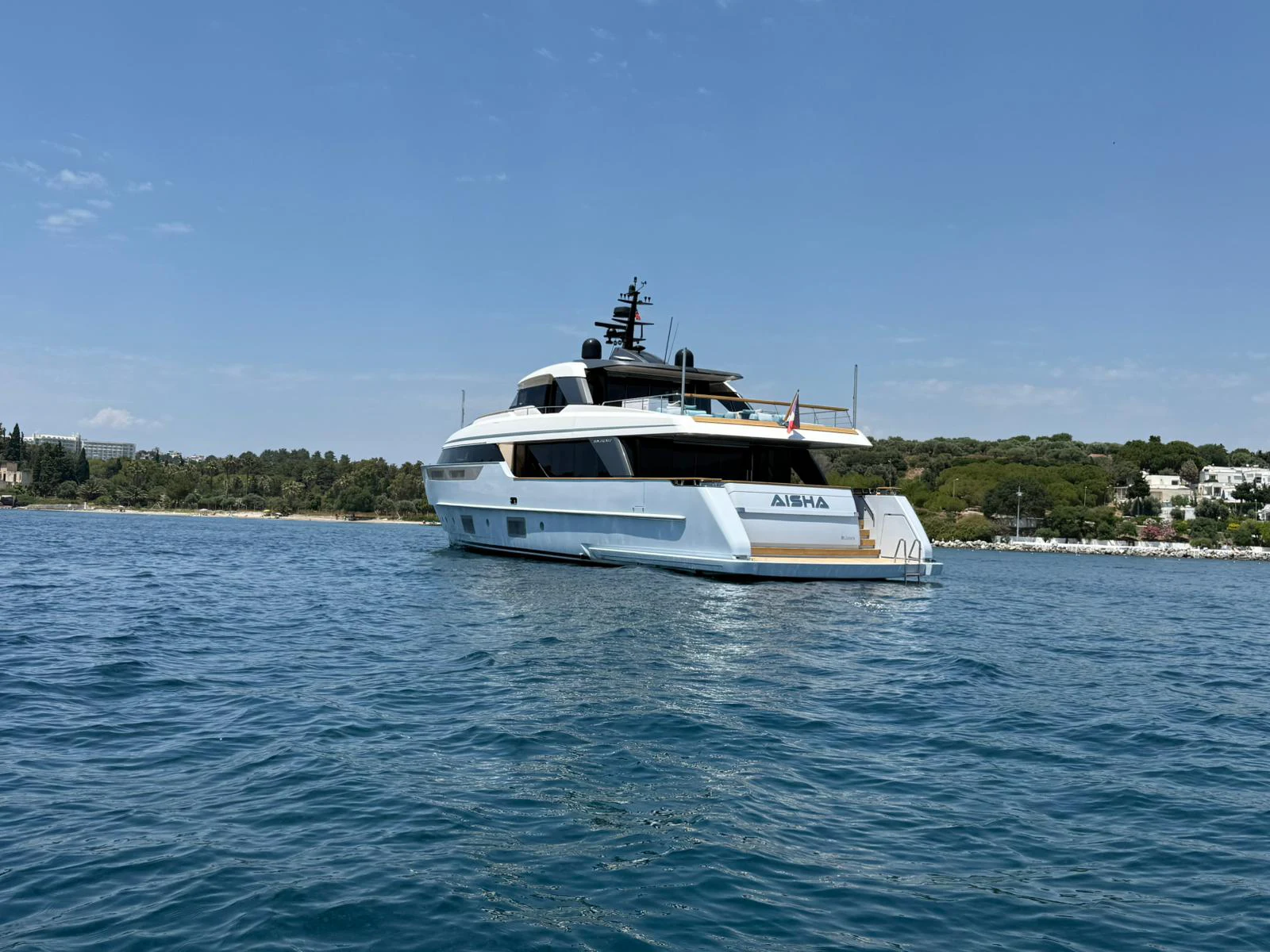 a boat on the water aboard AISHA Yacht for Sale