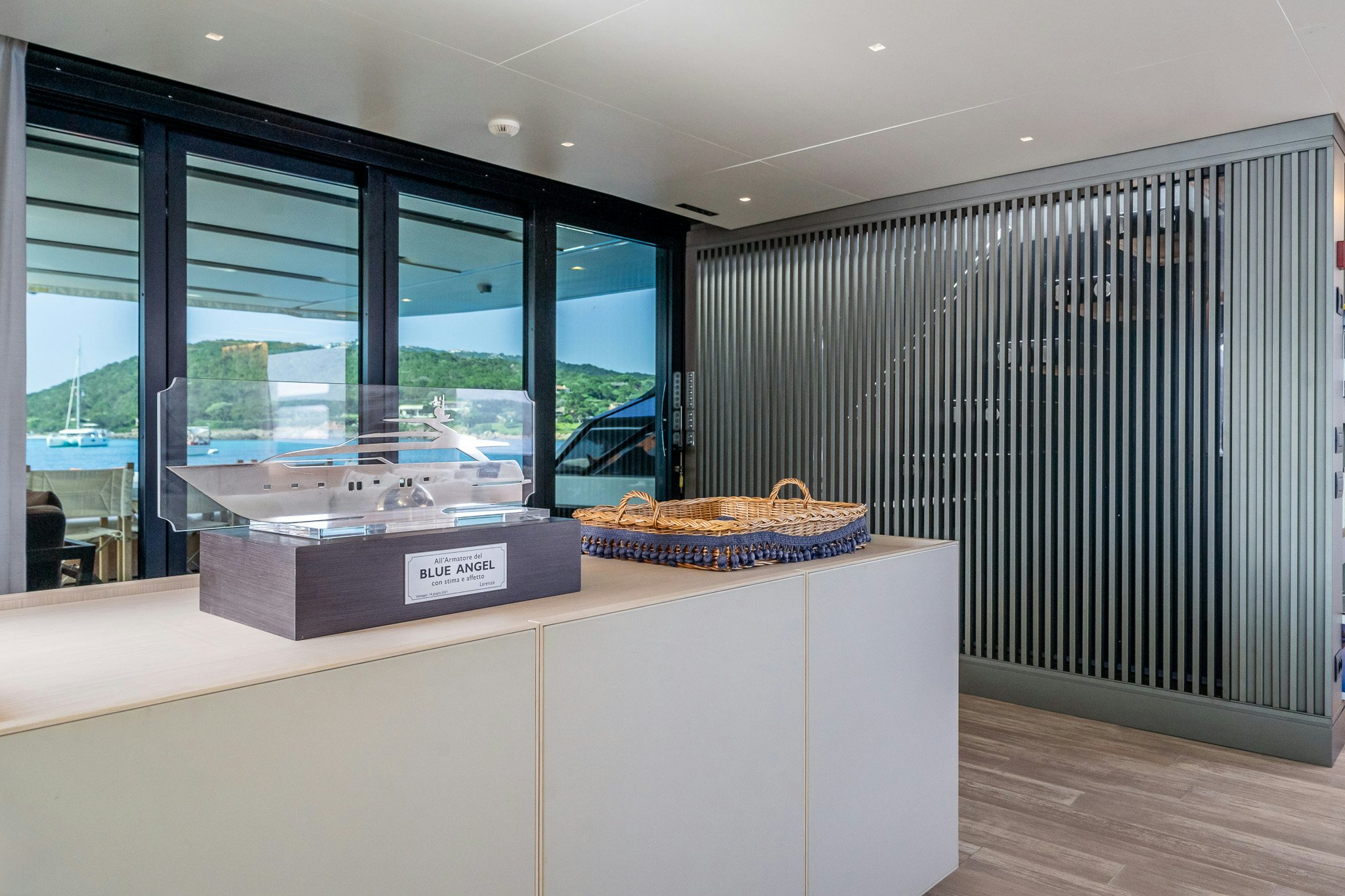 a room with a large window aboard BLUE ANGEL Yacht for Sale