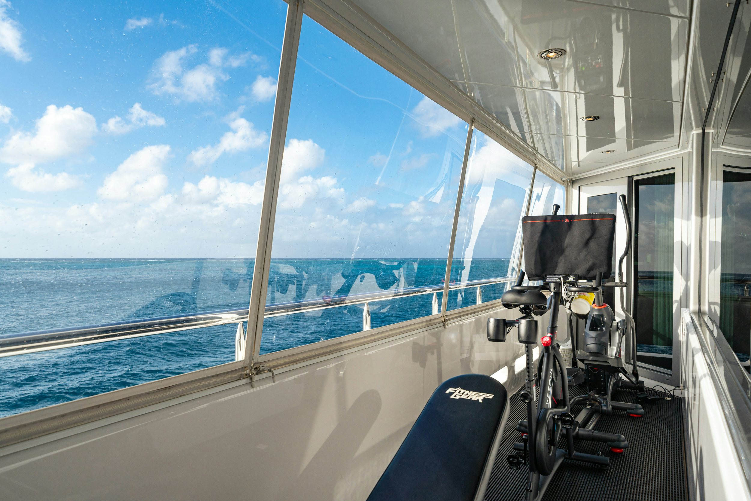 a boat with a bicycle on it aboard CHASING DAYLIGHT Yacht for Charter