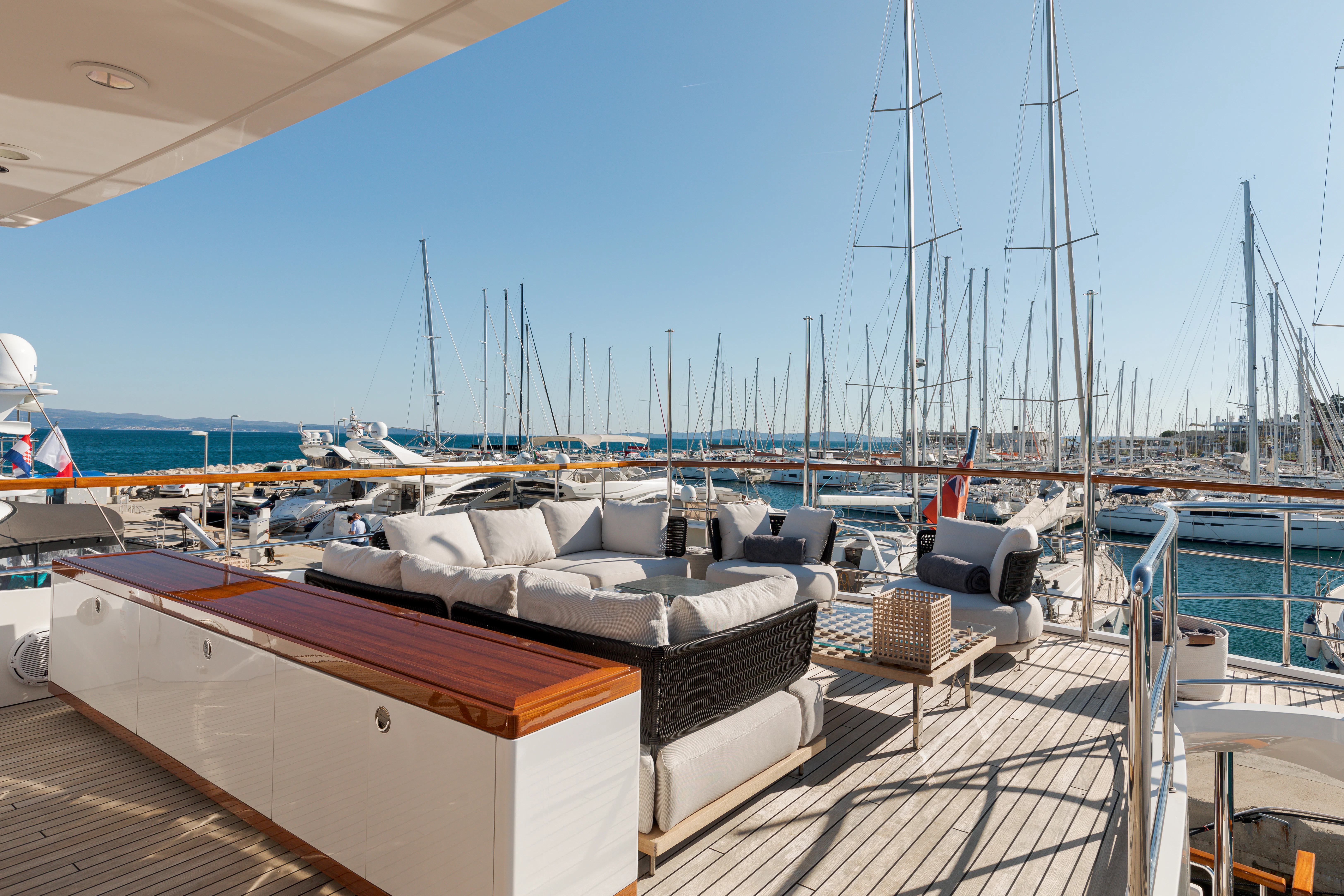 a marina with boats aboard BELLA VITA Yacht for Charter