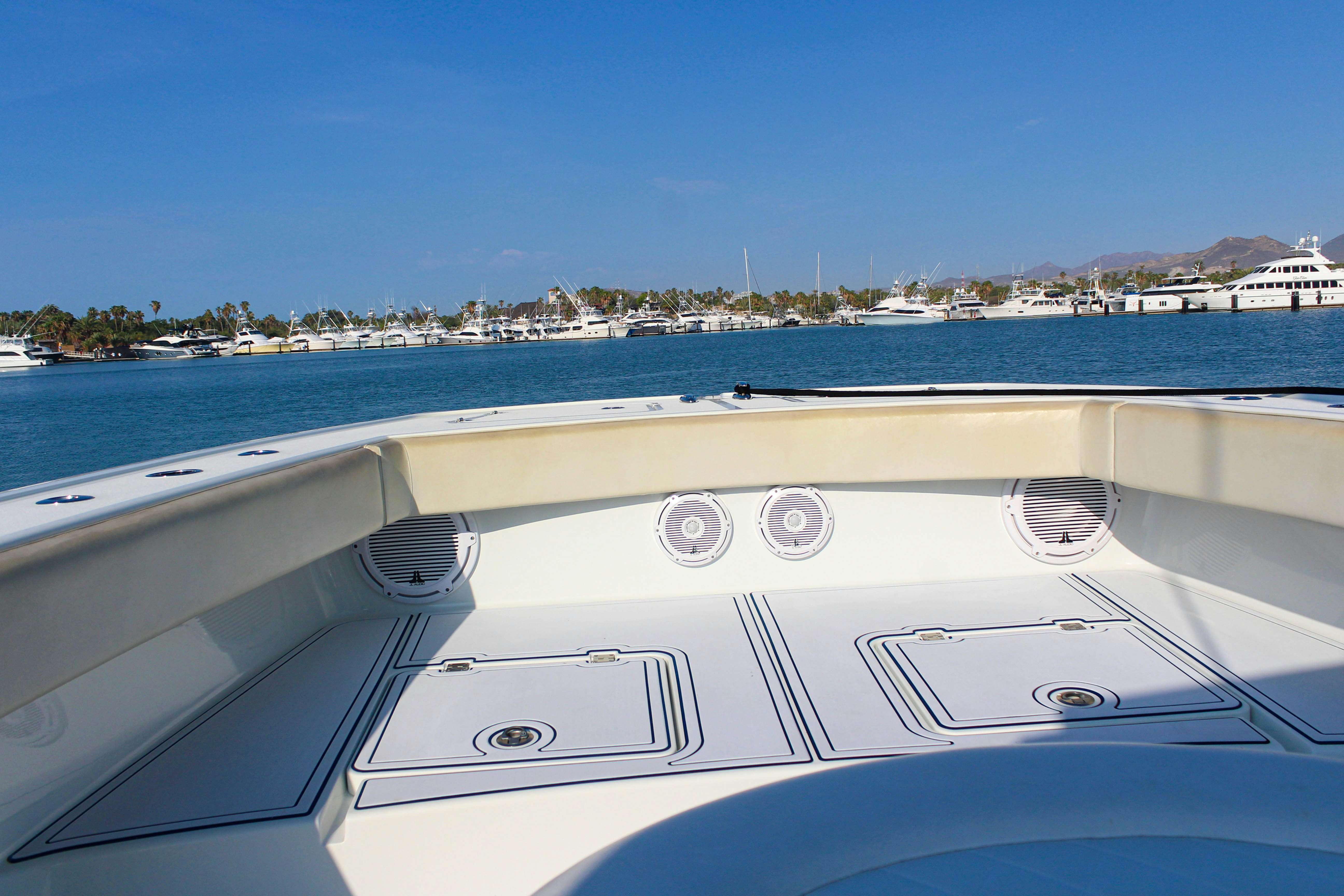 the view of a city from a boat aboard LET'S GO Yacht for Sale